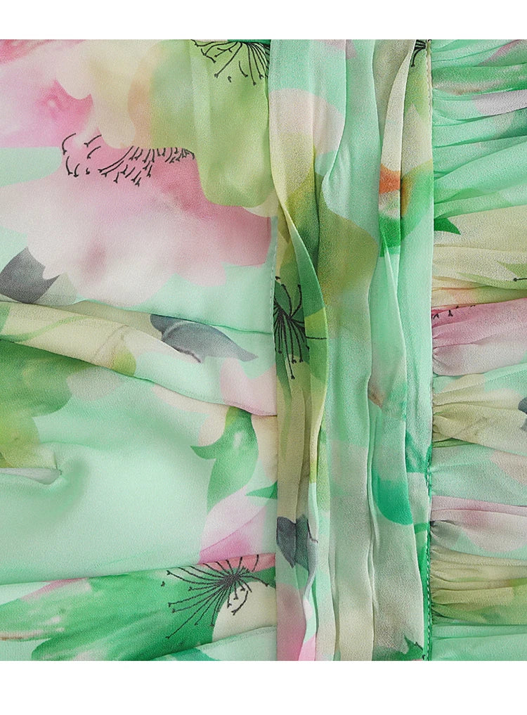 V Neck Floral Print Maxi Dress in Green