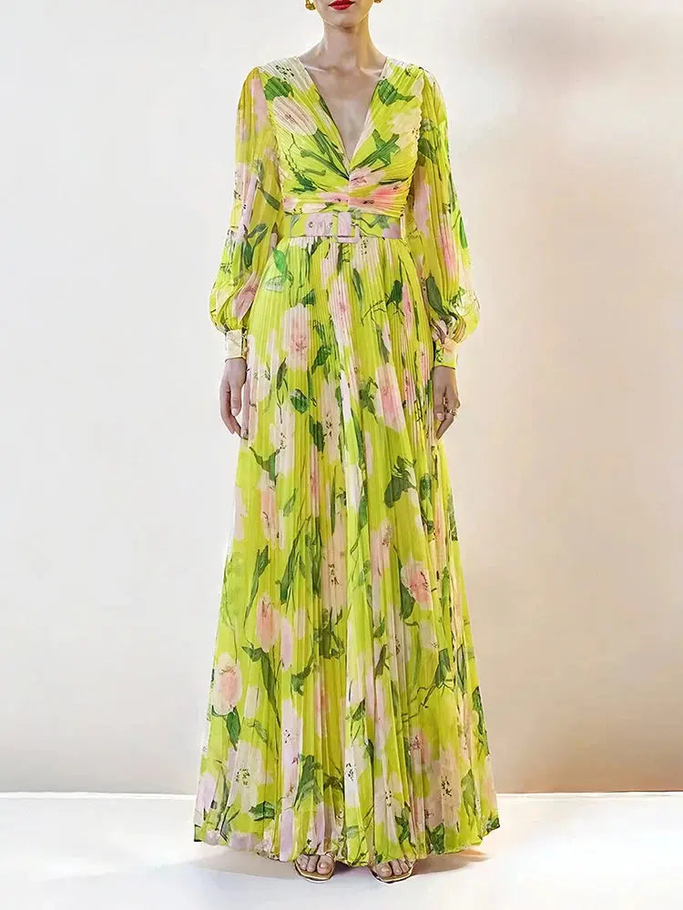 Floral Print Lantern Sleeve Maxi Dress in Yellow