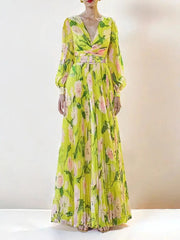 Floral Print Lantern Sleeve Maxi Dress in Yellow