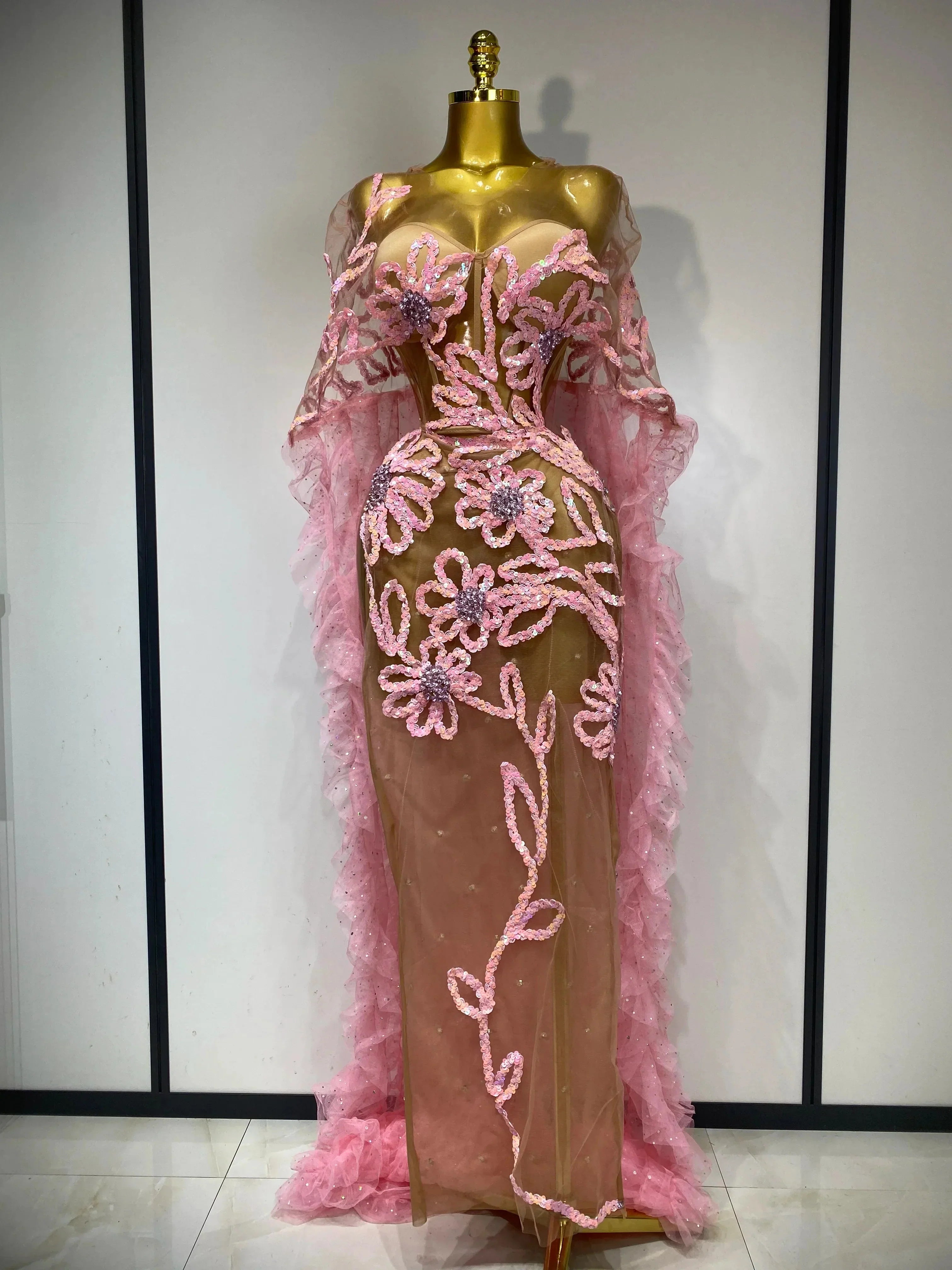 Mesh See Through Maxi Dress In Pink