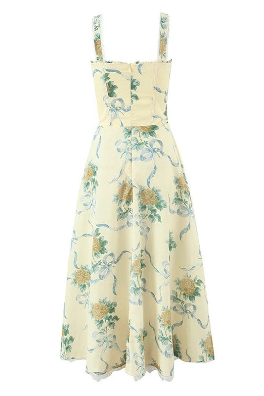 Floral Print Sweetheart Midi Dress in Yellow