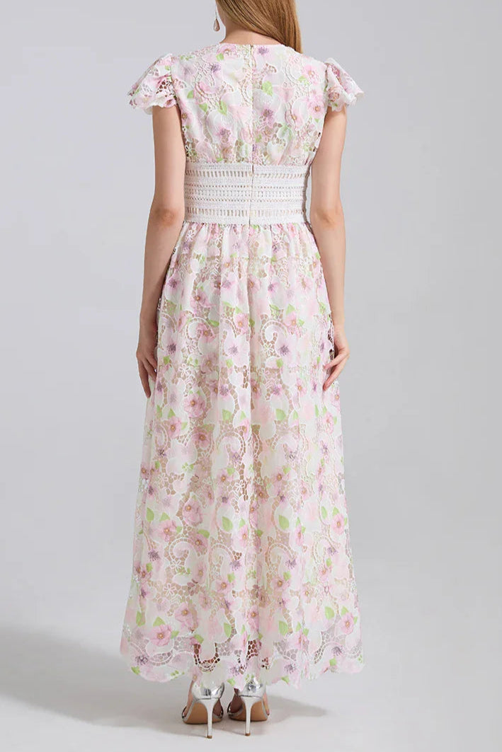 Sleeve High Waist Slim Fit Floral Lace Dress