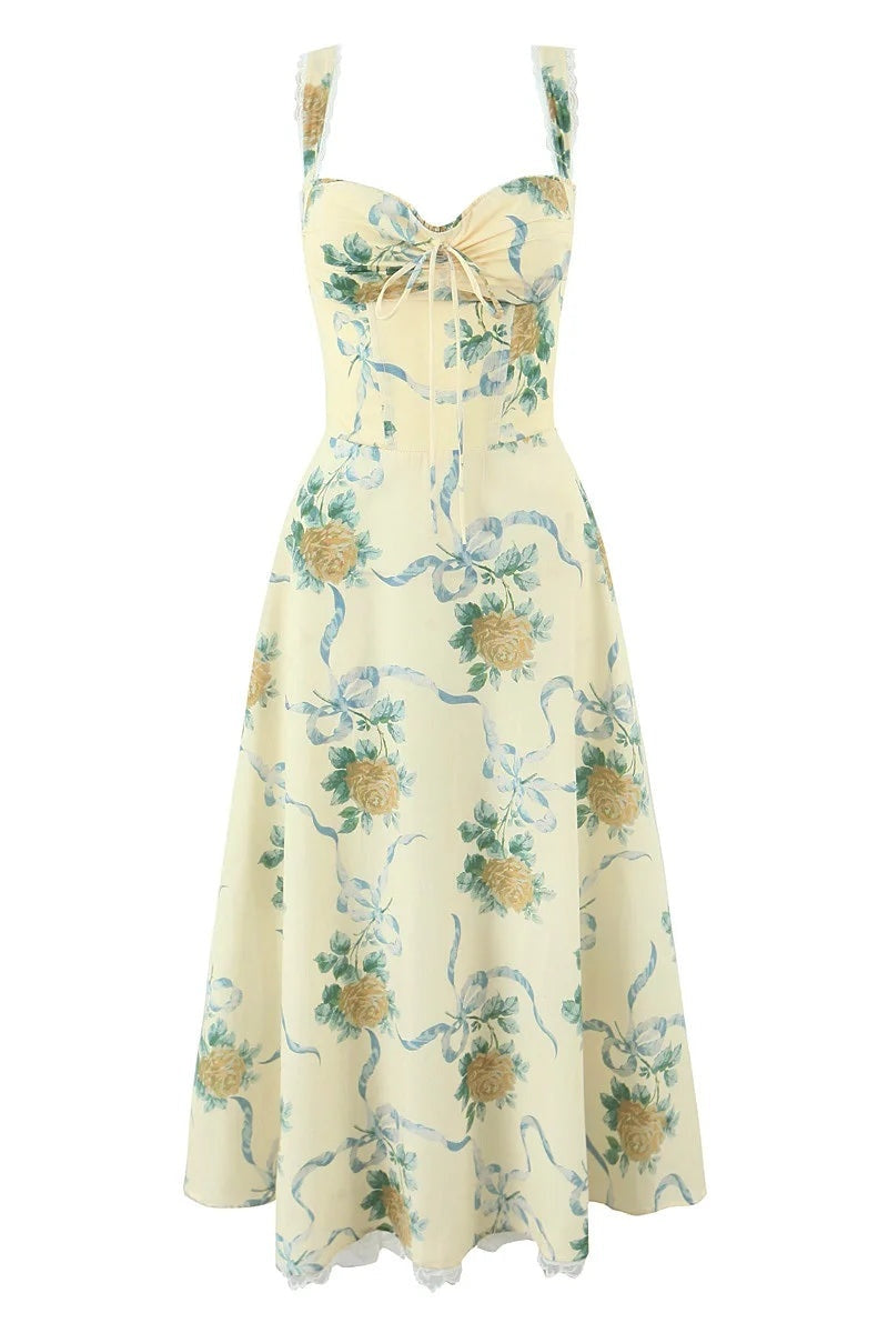 Floral Print Sweetheart Midi Dress in Yellow