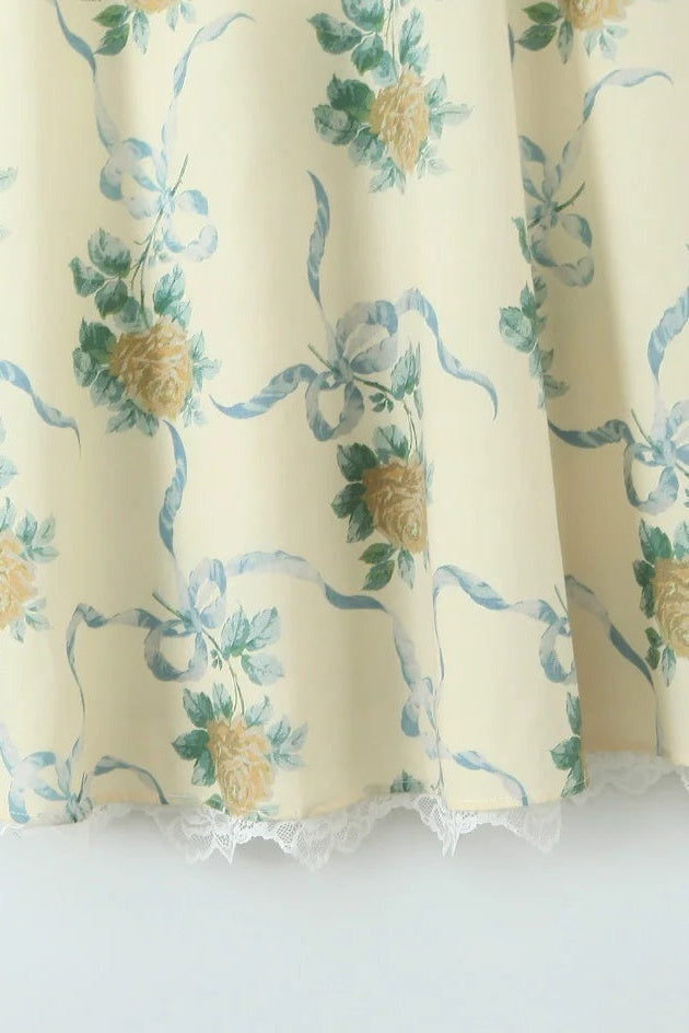 Floral Print Sweetheart Midi Dress in Yellow