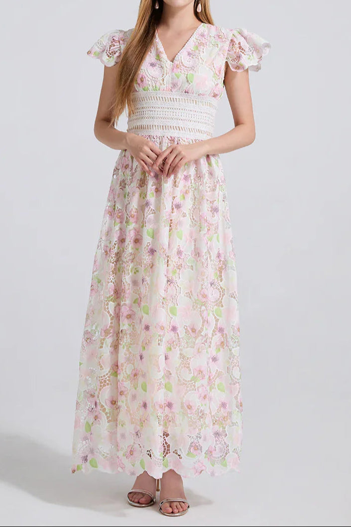 Sleeve High Waist Slim Fit Floral Lace Dress