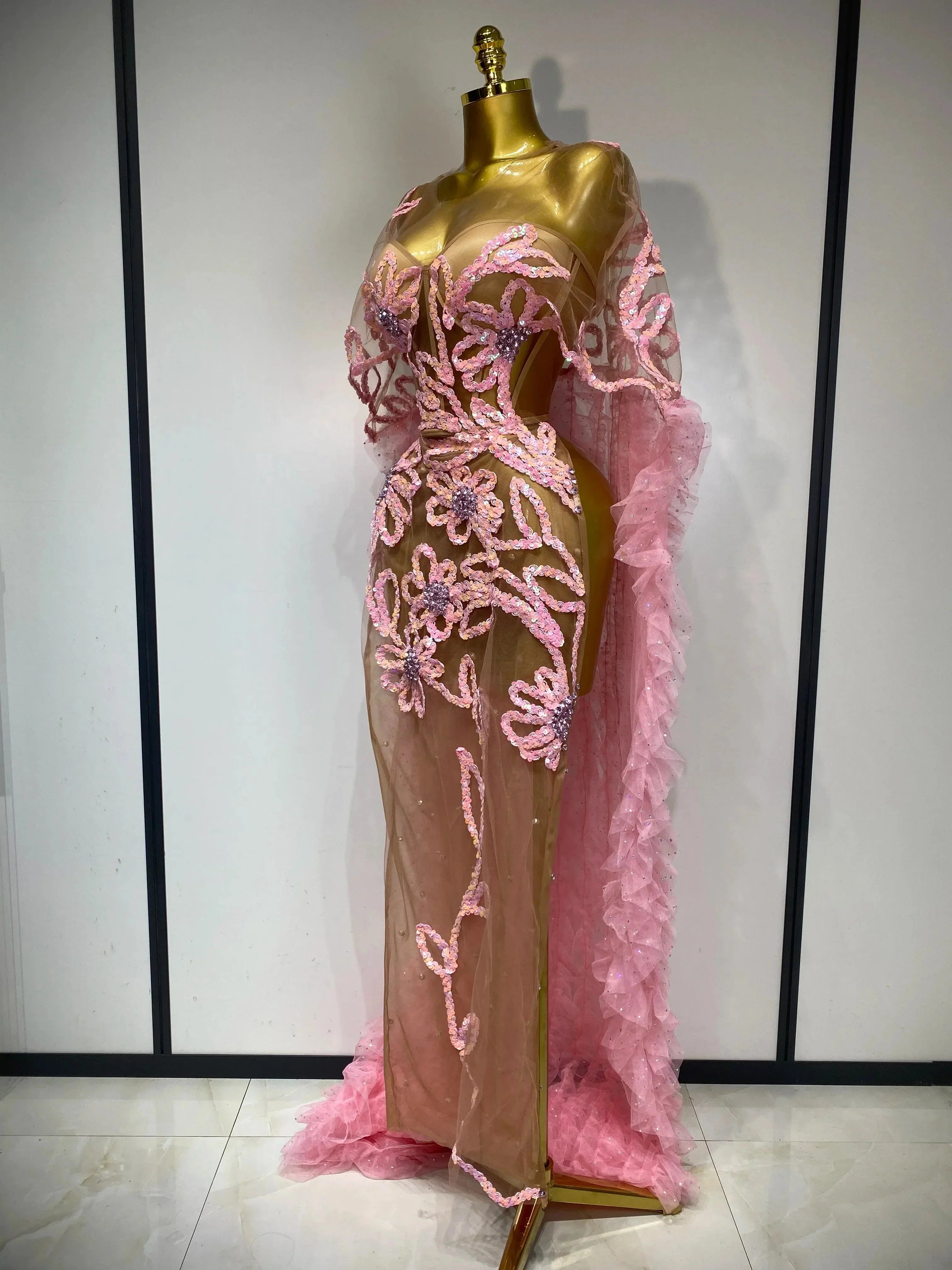 Mesh See Through Maxi Dress In Pink