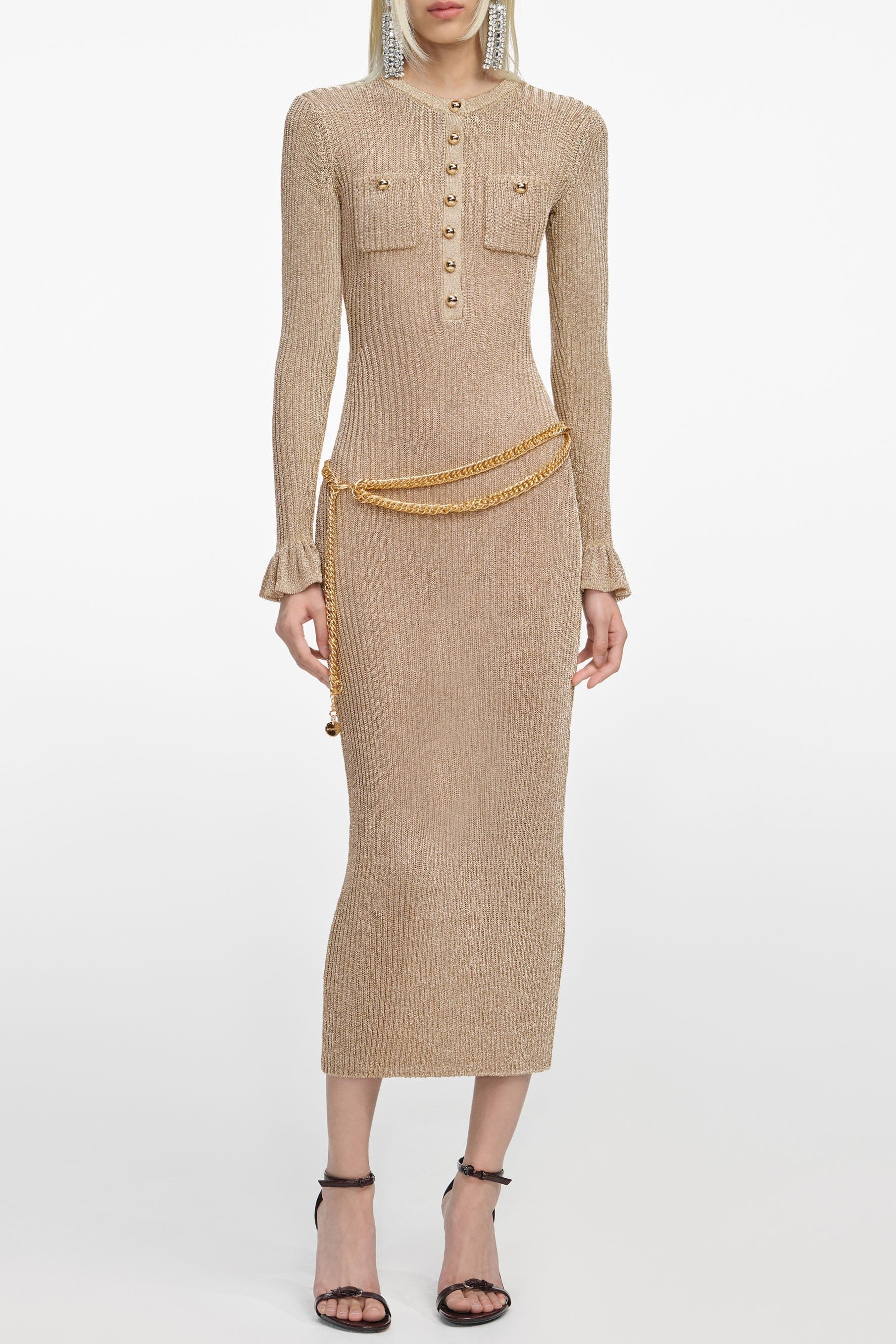 Gold Lurex Ribbed Knit Midi Dress