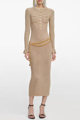 Gold Lurex Ribbed Knit Midi Dress