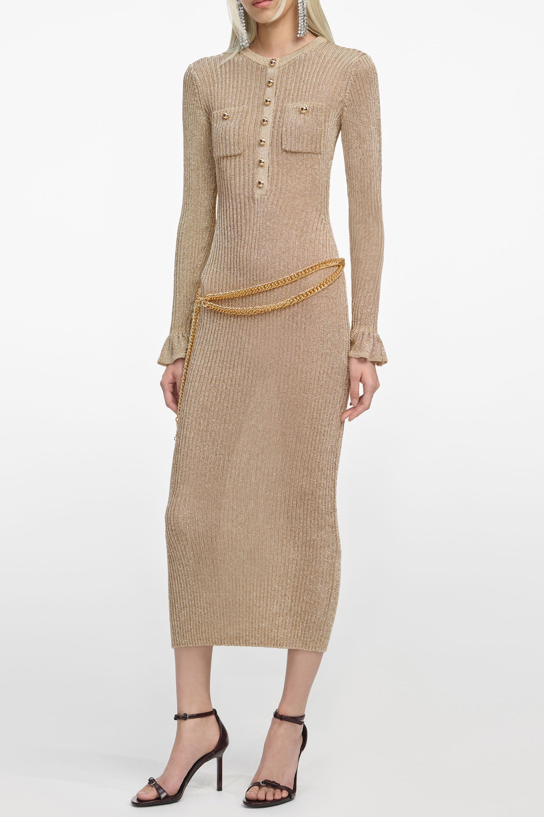 Gold Lurex Ribbed Knit Midi Dress