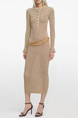Gold Lurex Ribbed Knit Midi Dress