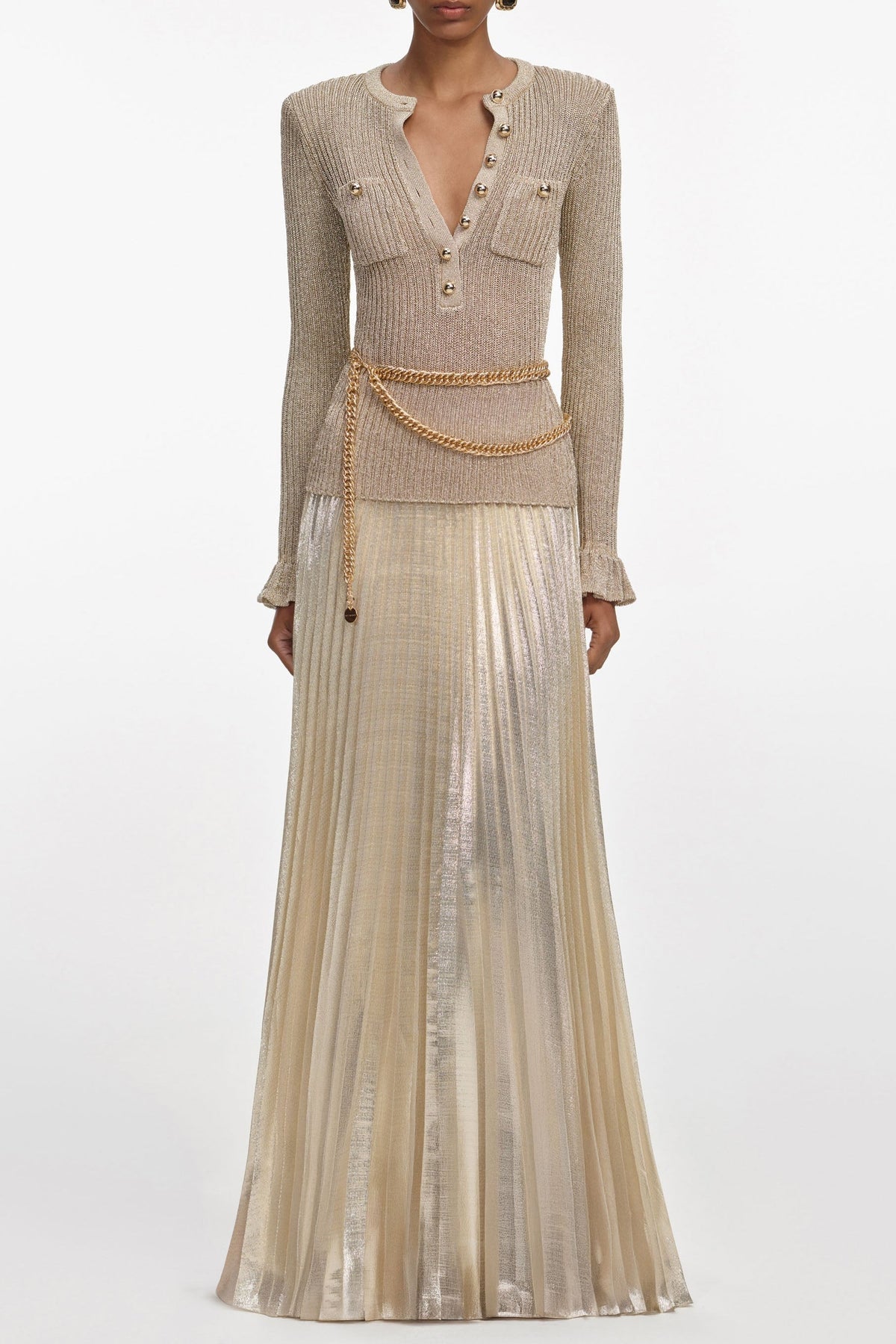 Gold Lurex Ribbed Knit Maxi Dress