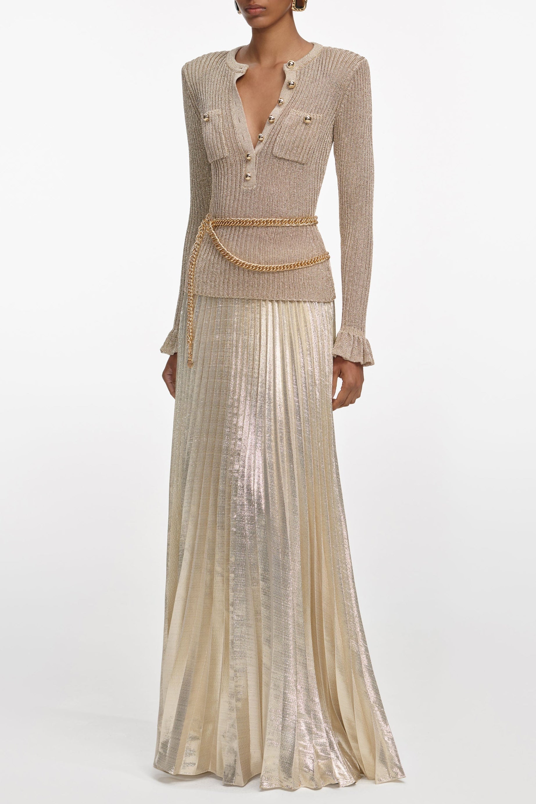 Gold Lurex Ribbed Knit Maxi Dress