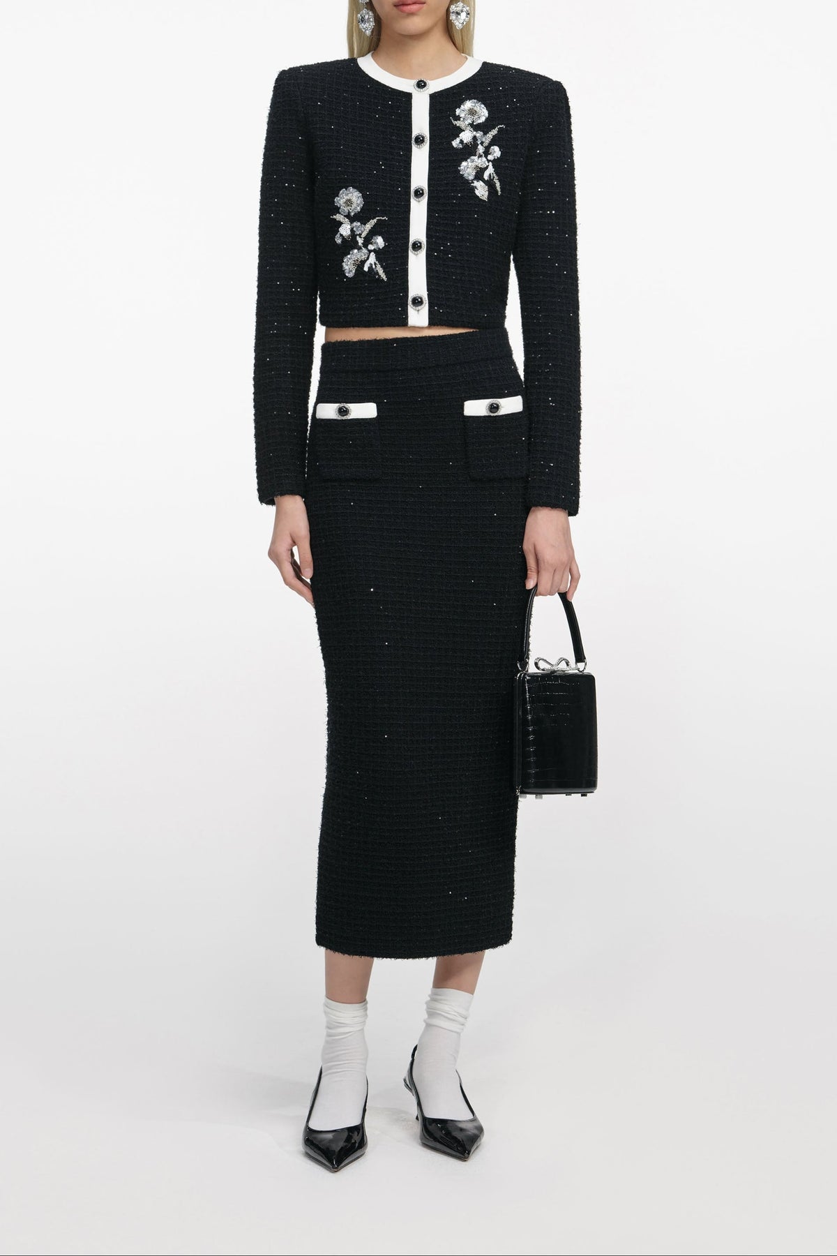Black Textured Knit Midi Skirt