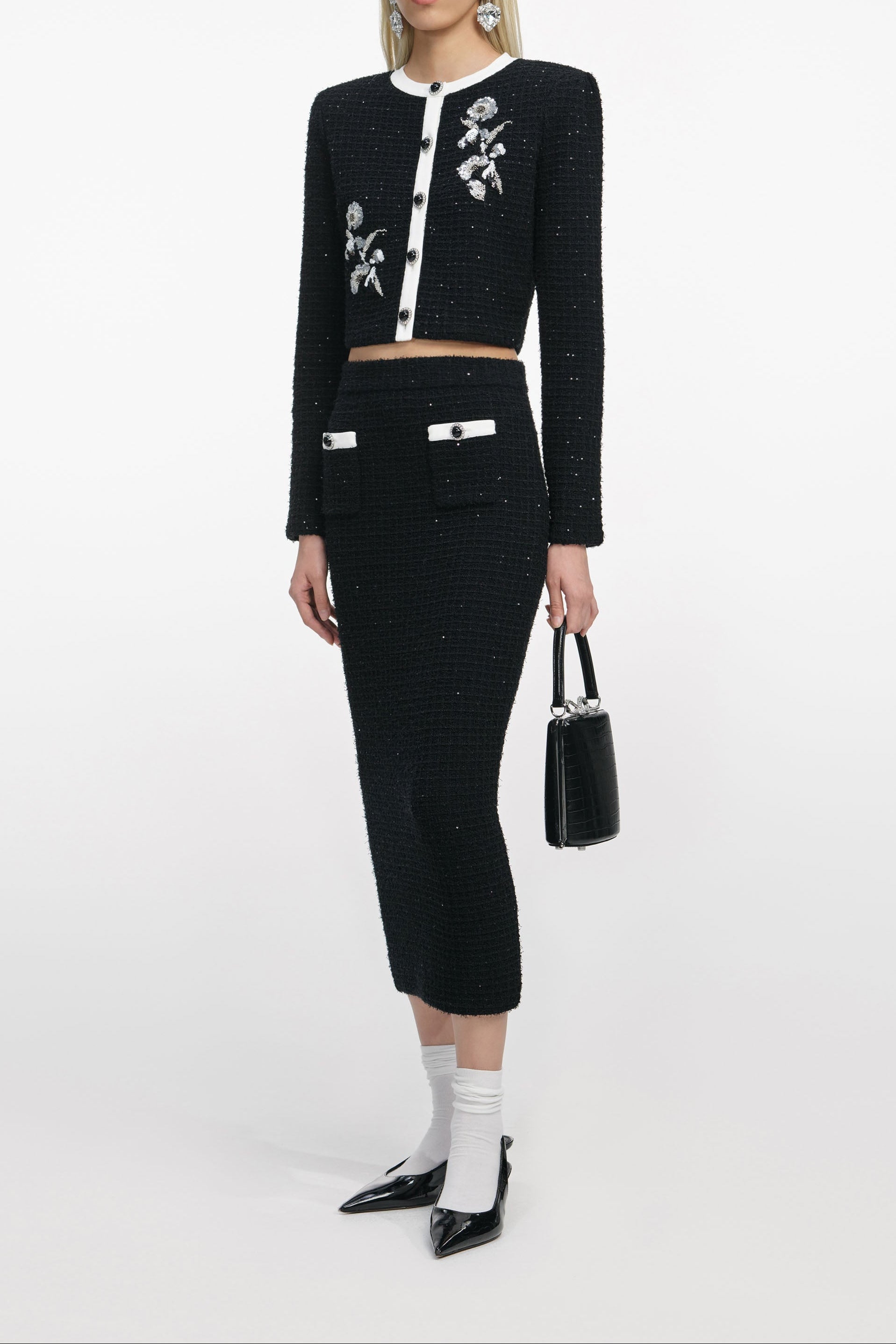 Black Textured Knit Midi Skirt
