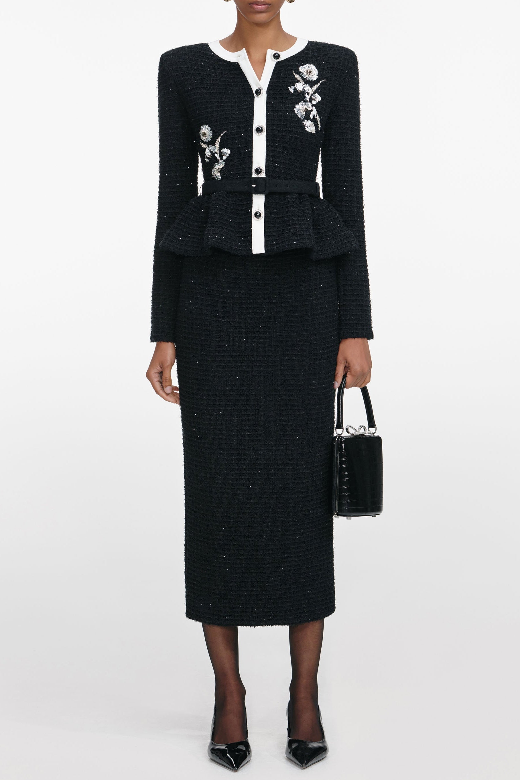 Black Floral Textured Knit Midi Dress