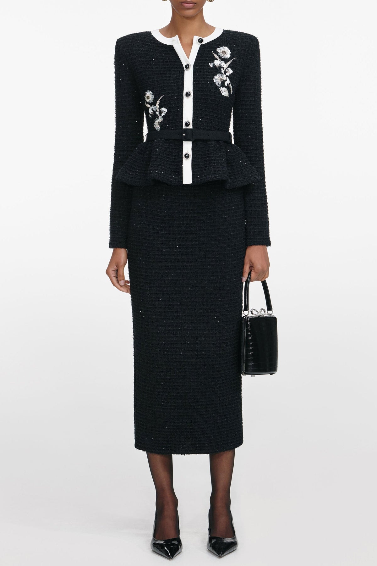 Black Floral Textured Knit Midi Dress