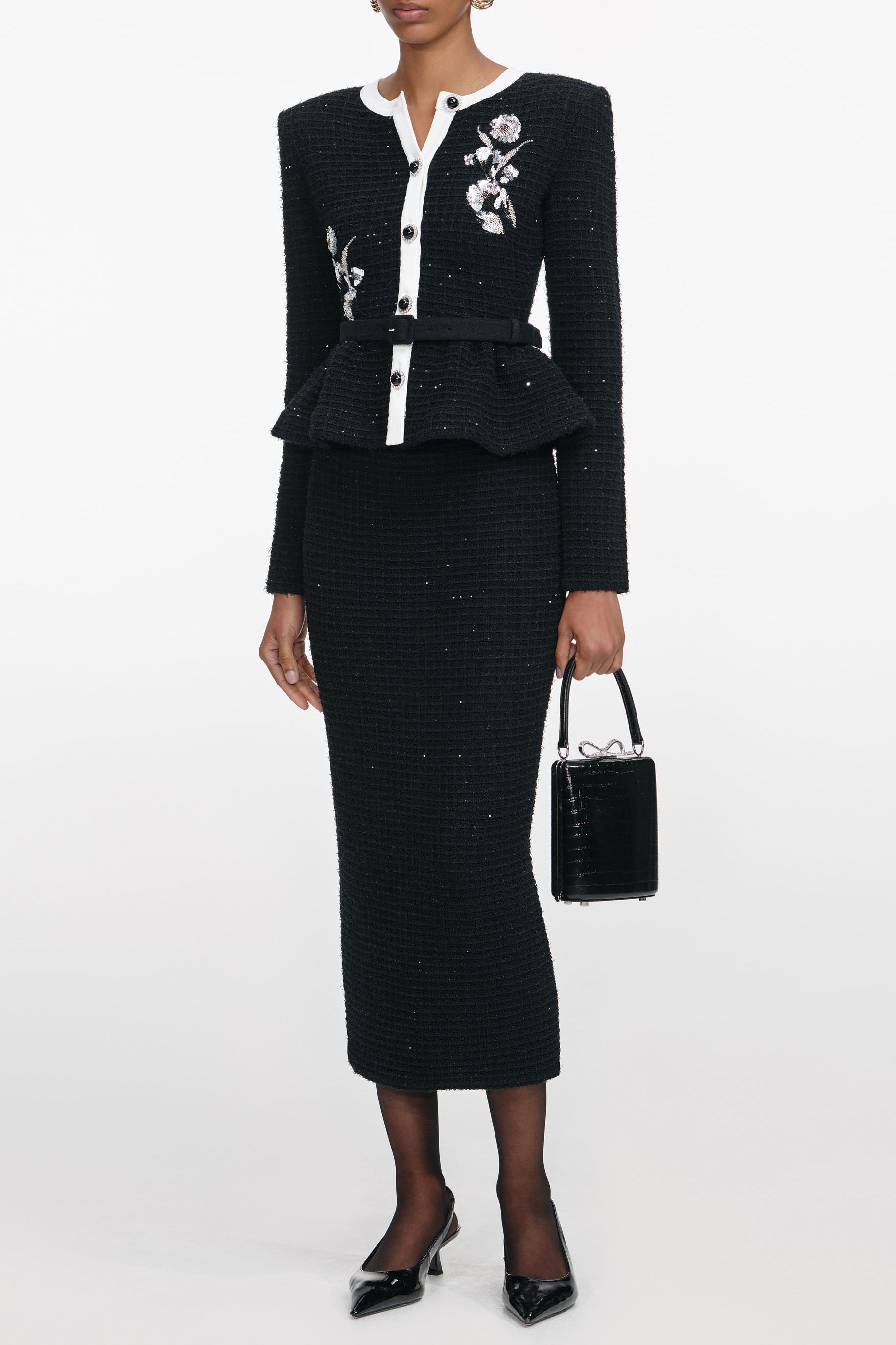 Black Floral Textured Knit Midi Dress