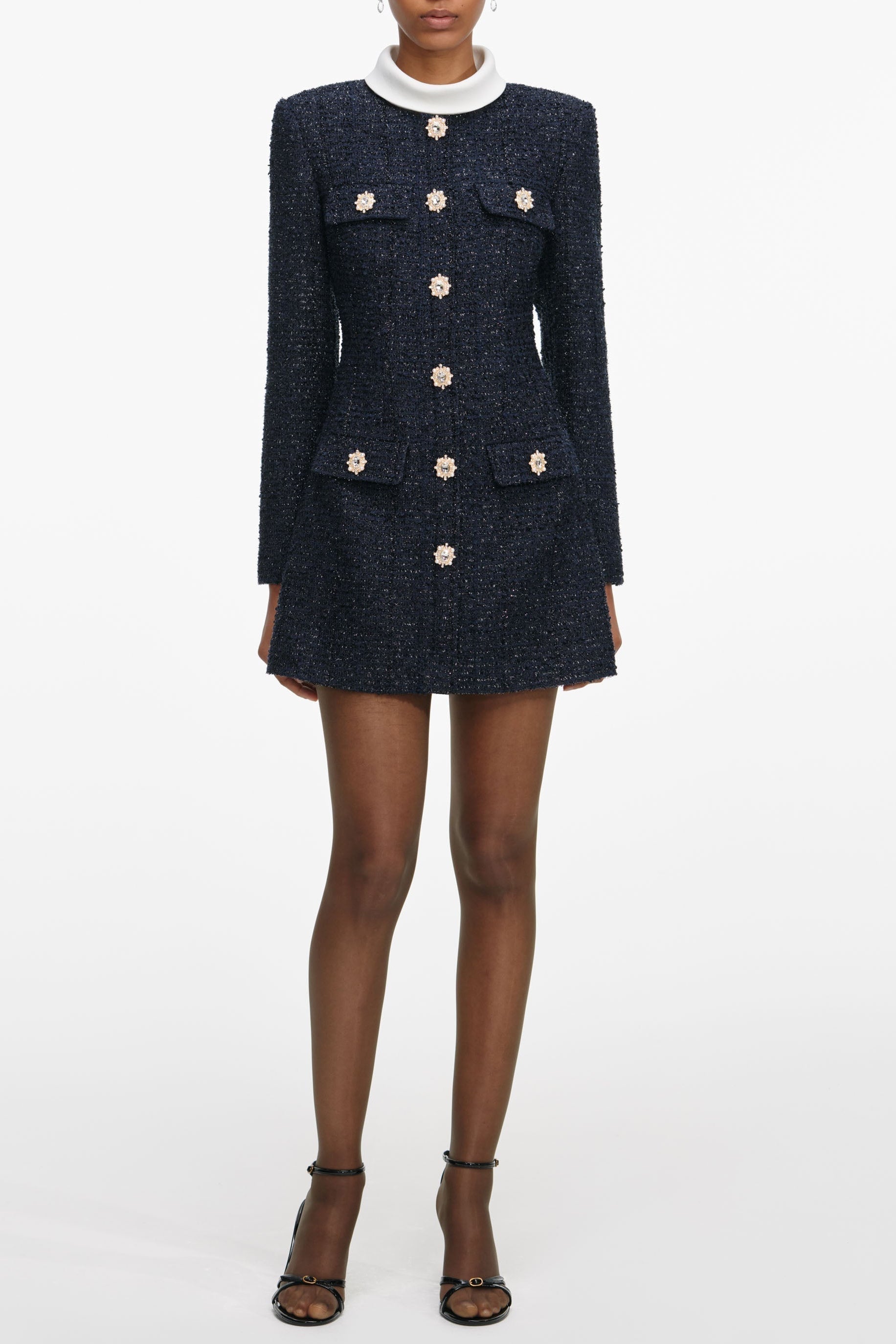 Stacey Navy Boucle Long Sleeve Mini Dress