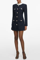 Stacey Navy Boucle Long Sleeve Mini Dress