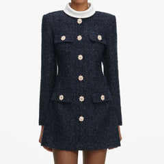 Stacey Navy Boucle Long Sleeve Mini Dress