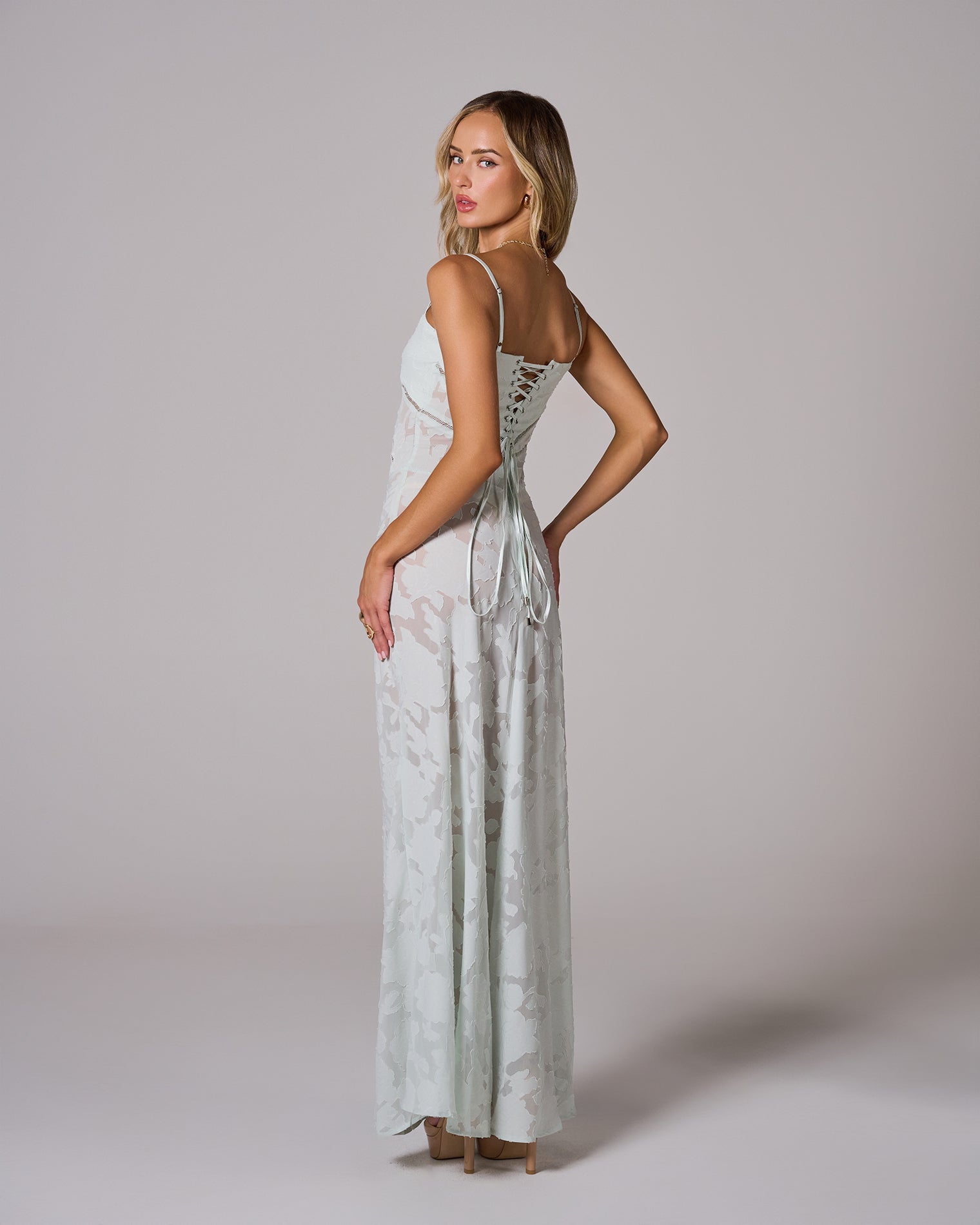 Floral Lace Back Maxi Dress -White