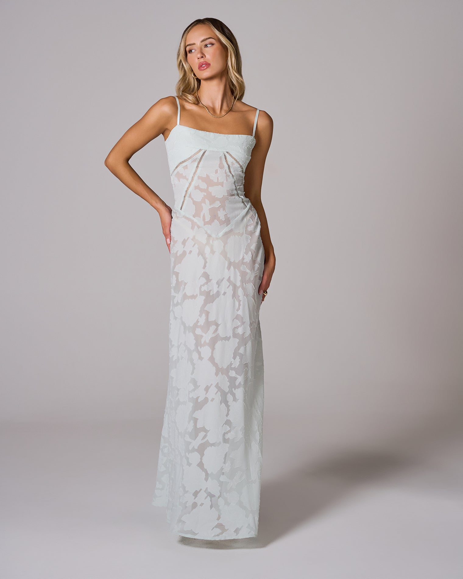 Floral Lace Back Maxi Dress -White