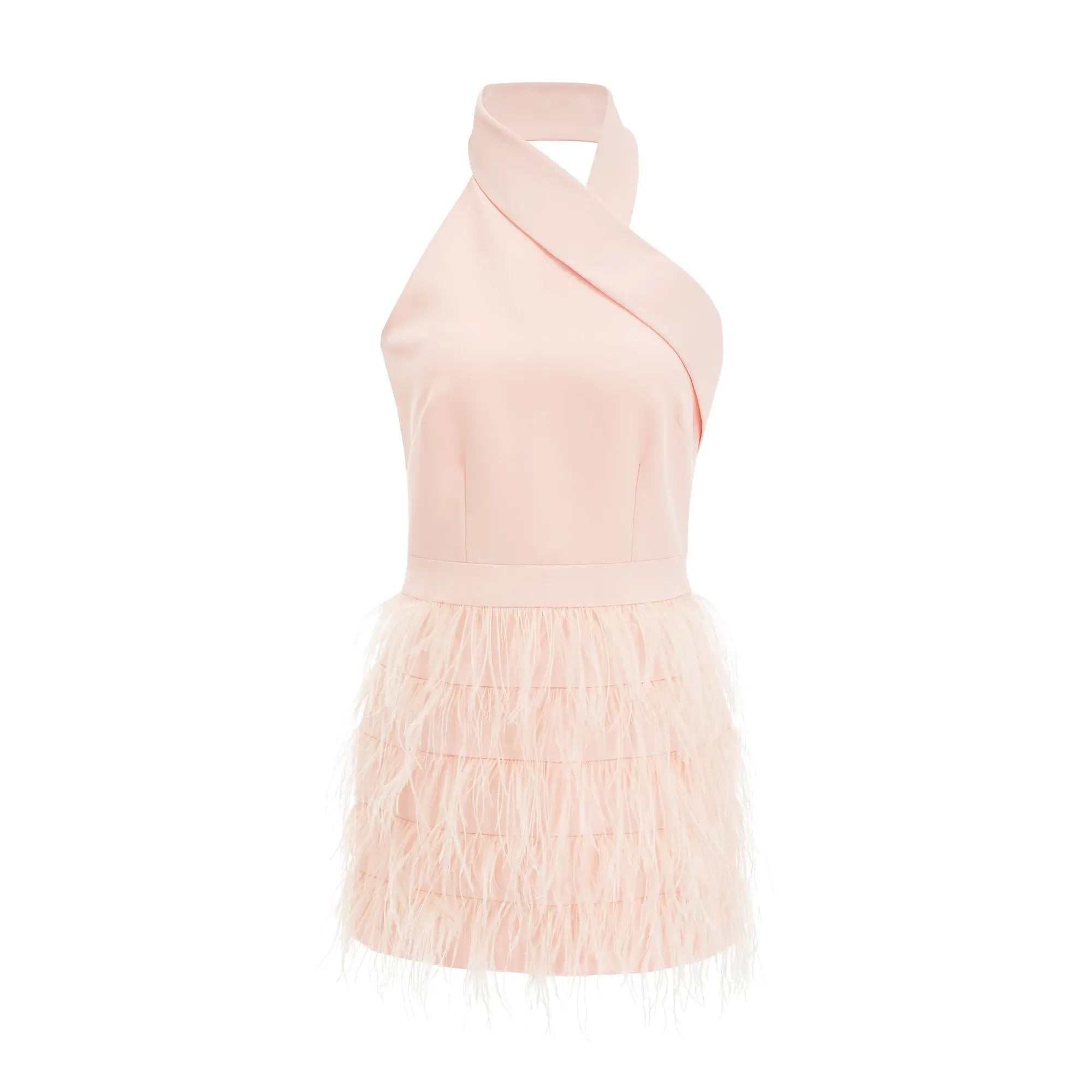 Feather-Detail Halter Backless Dress in Pink