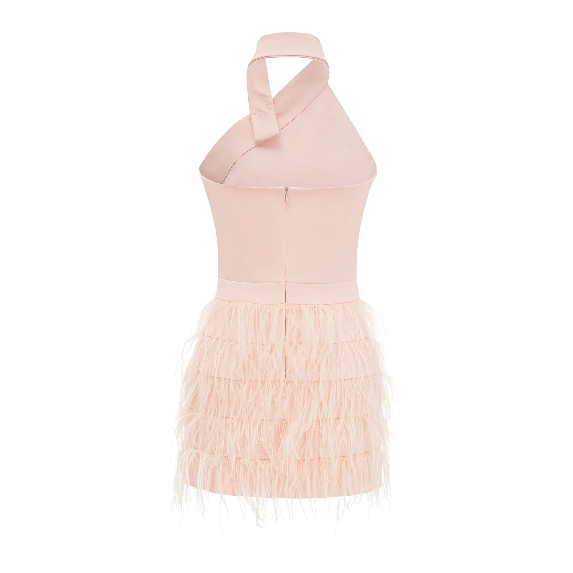 Feather-Detail Halter Backless Dress in Pink