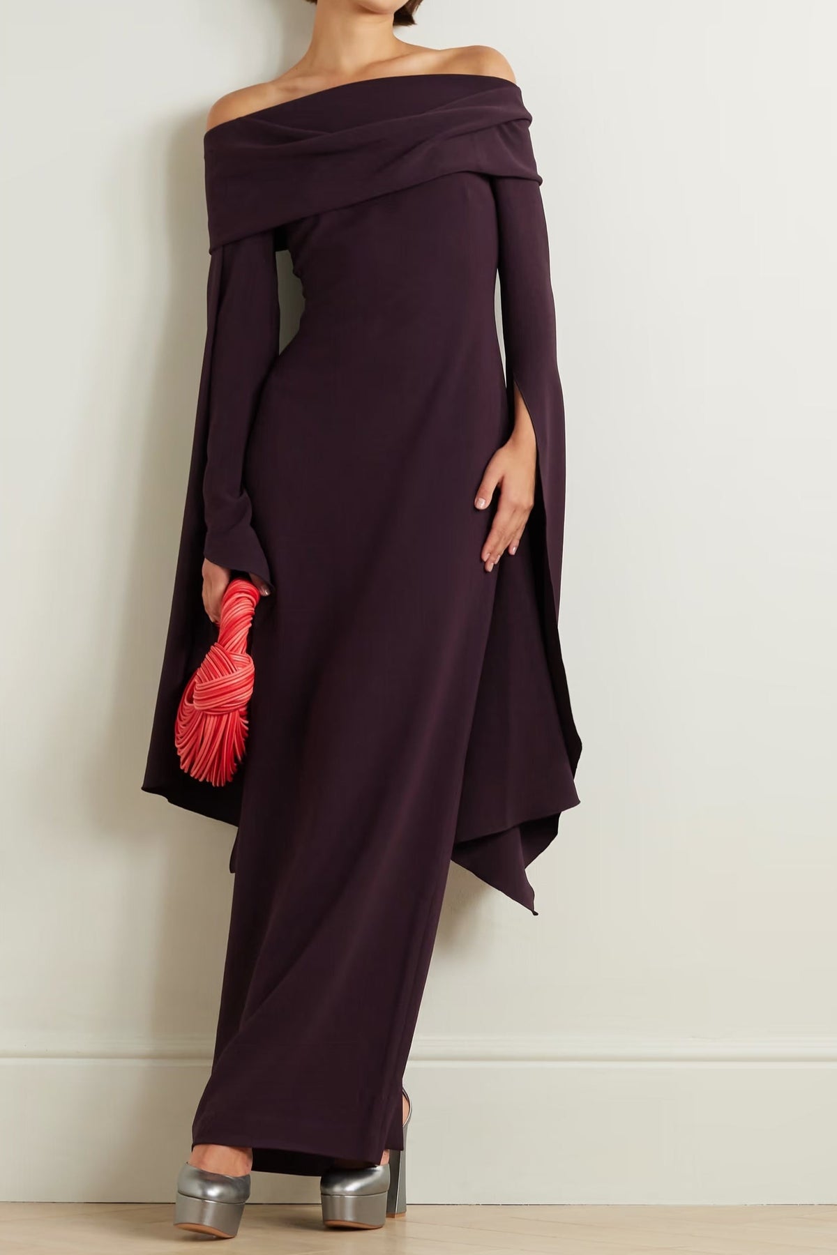 Off-The-Shoulder Crepe Maxi Dress in Burgundy