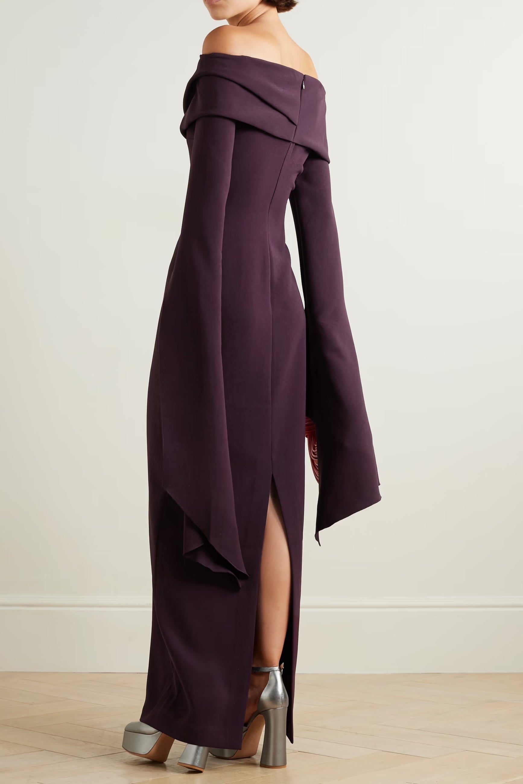 Off-The-Shoulder Crepe Maxi Dress in Burgundy