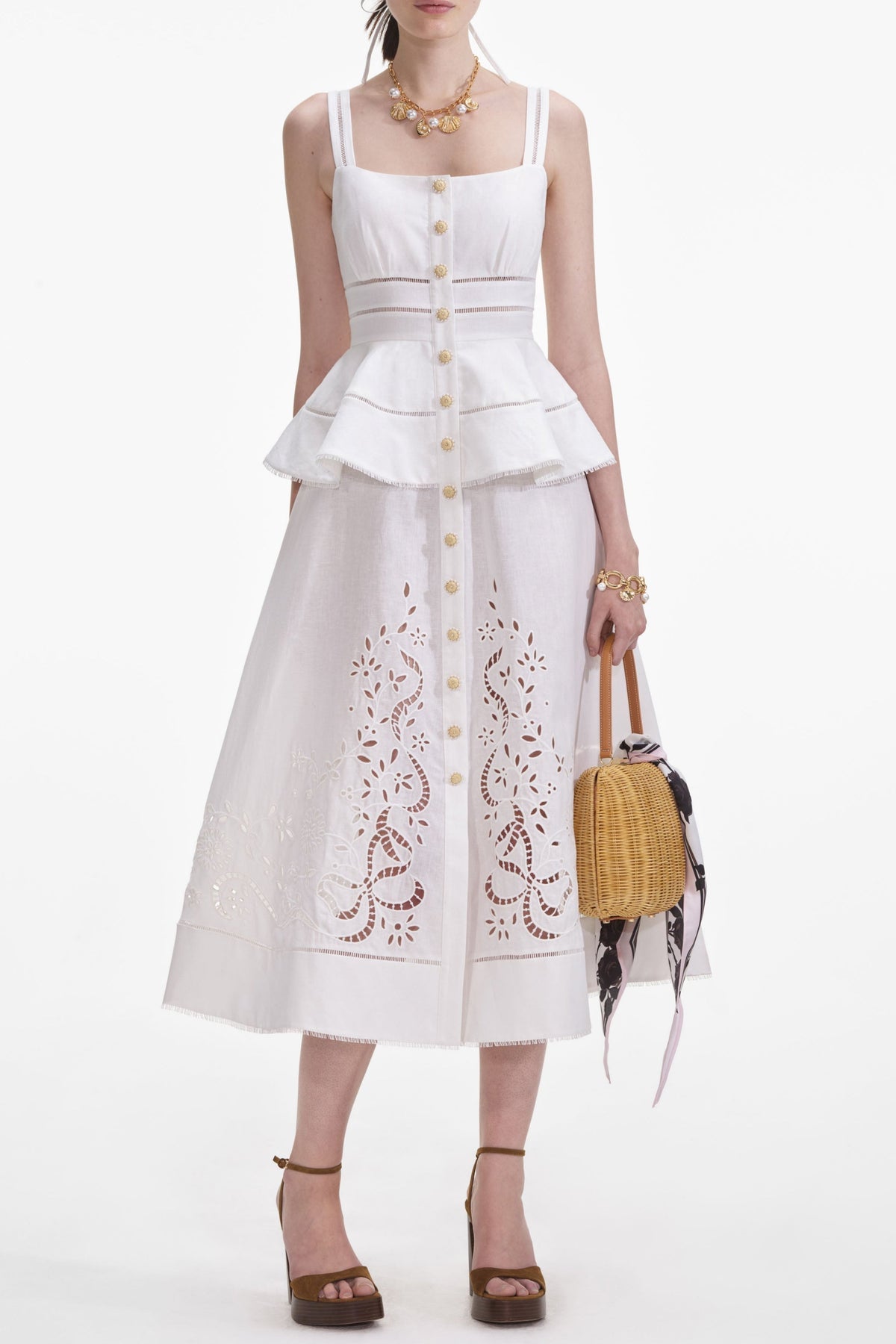 Cream Linen Peplum Midi Dress