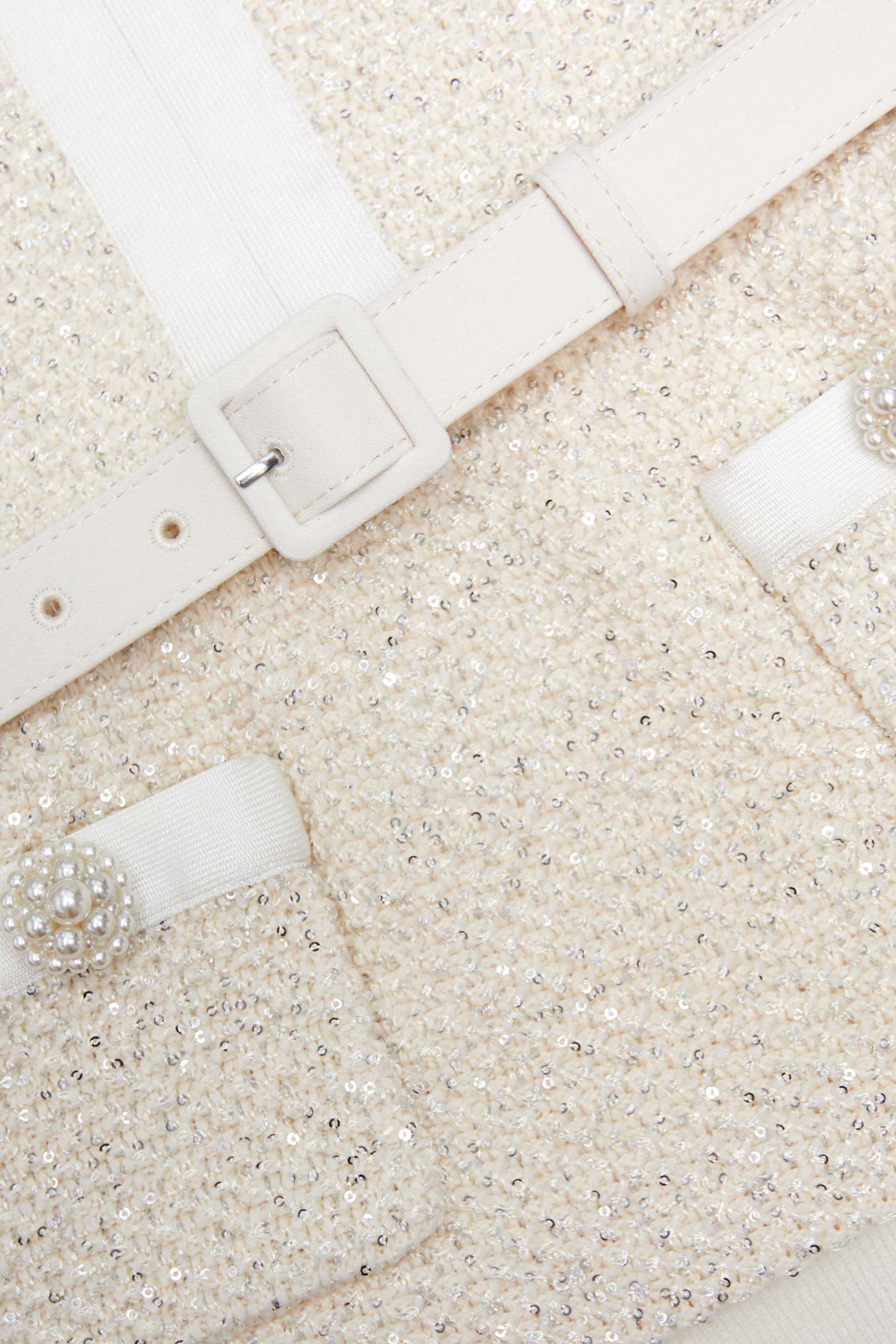 Cream Sequin Knit Top Skirt Set