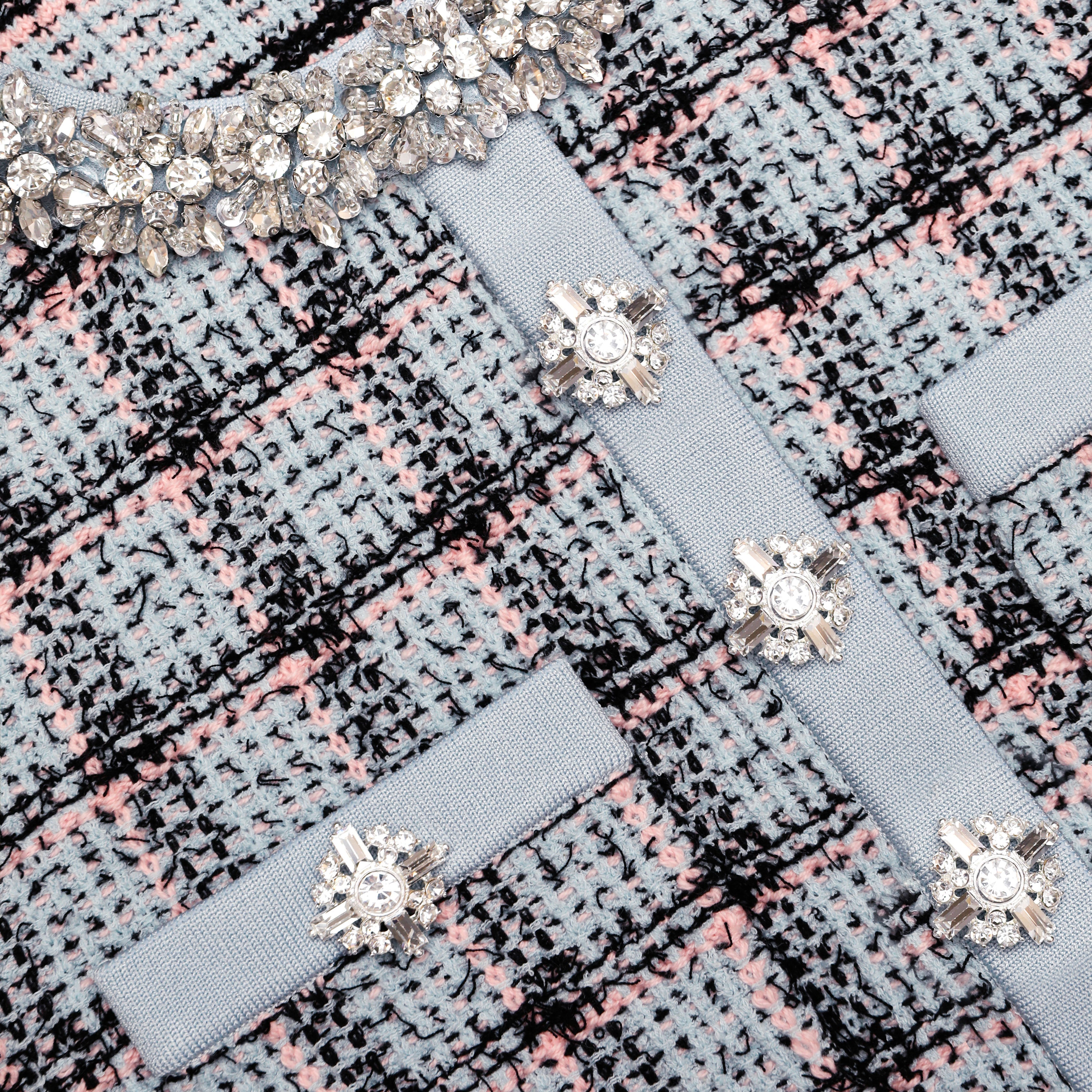 Rhinestone Check Knit Cardigan Skirt Set - Blue