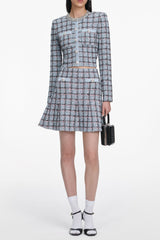 Rhinestone Check Knit Cardigan Skirt Set - Blue