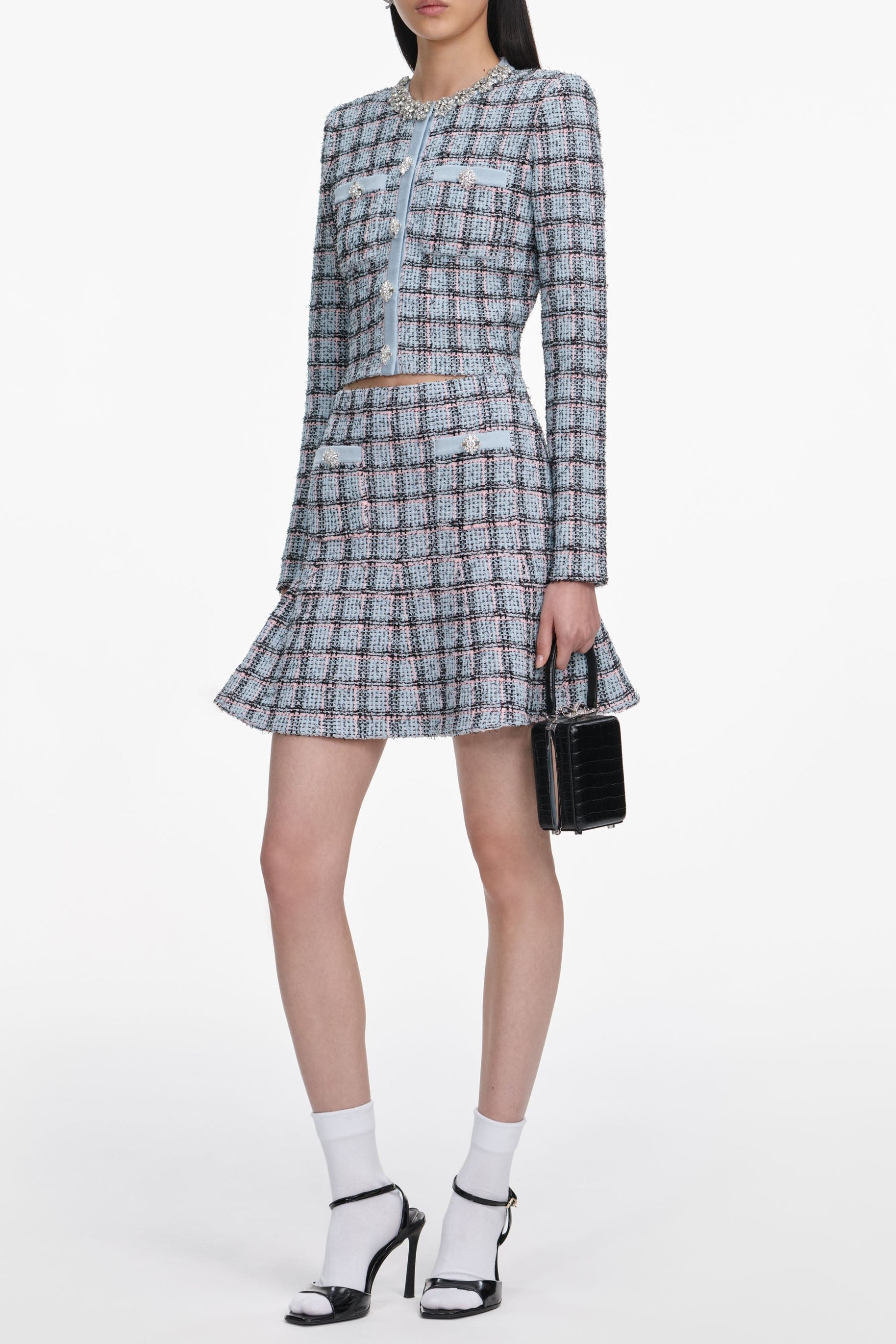 Rhinestone Check Knit Cardigan Skirt Set - Blue