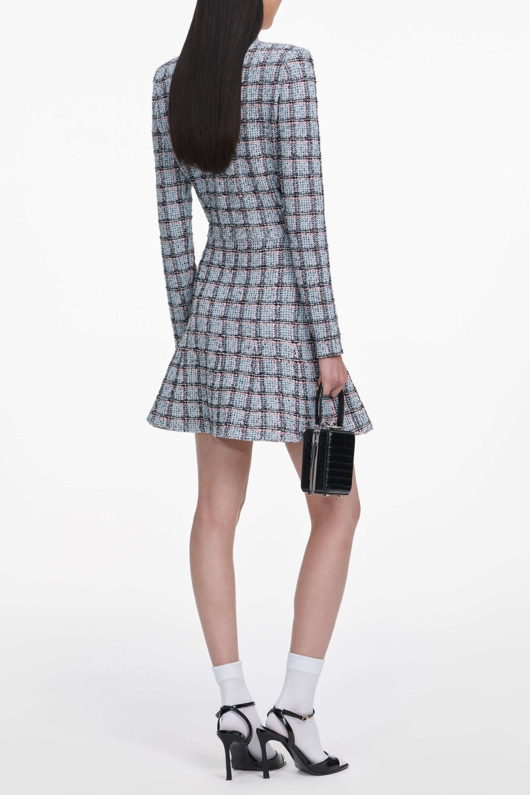 Rhinestone Check Knit Cardigan Skirt Set - Blue