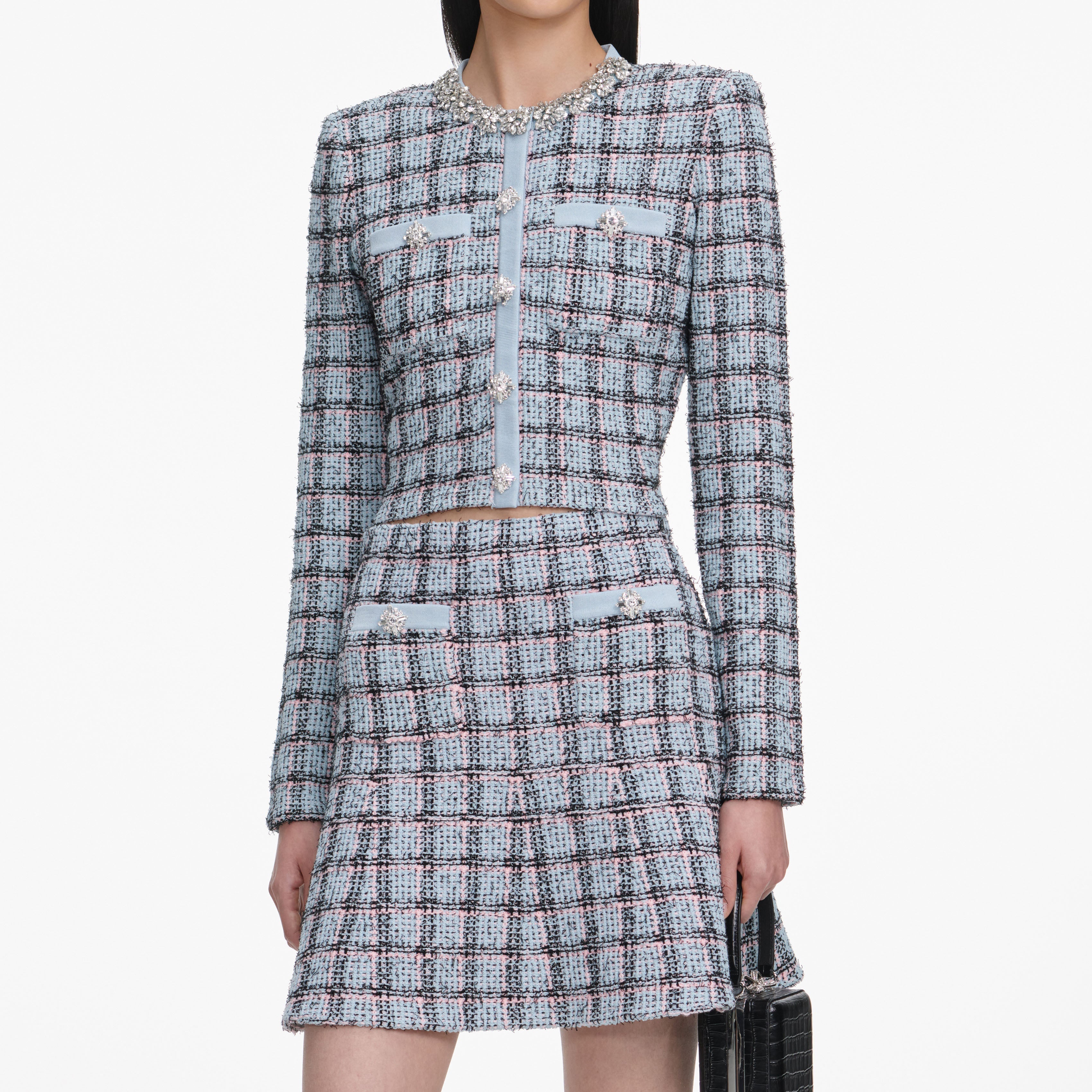 Rhinestone Check Knit Cardigan Skirt Set - Blue