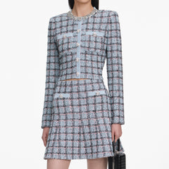 Rhinestone Check Knit Cardigan Skirt Set - Blue