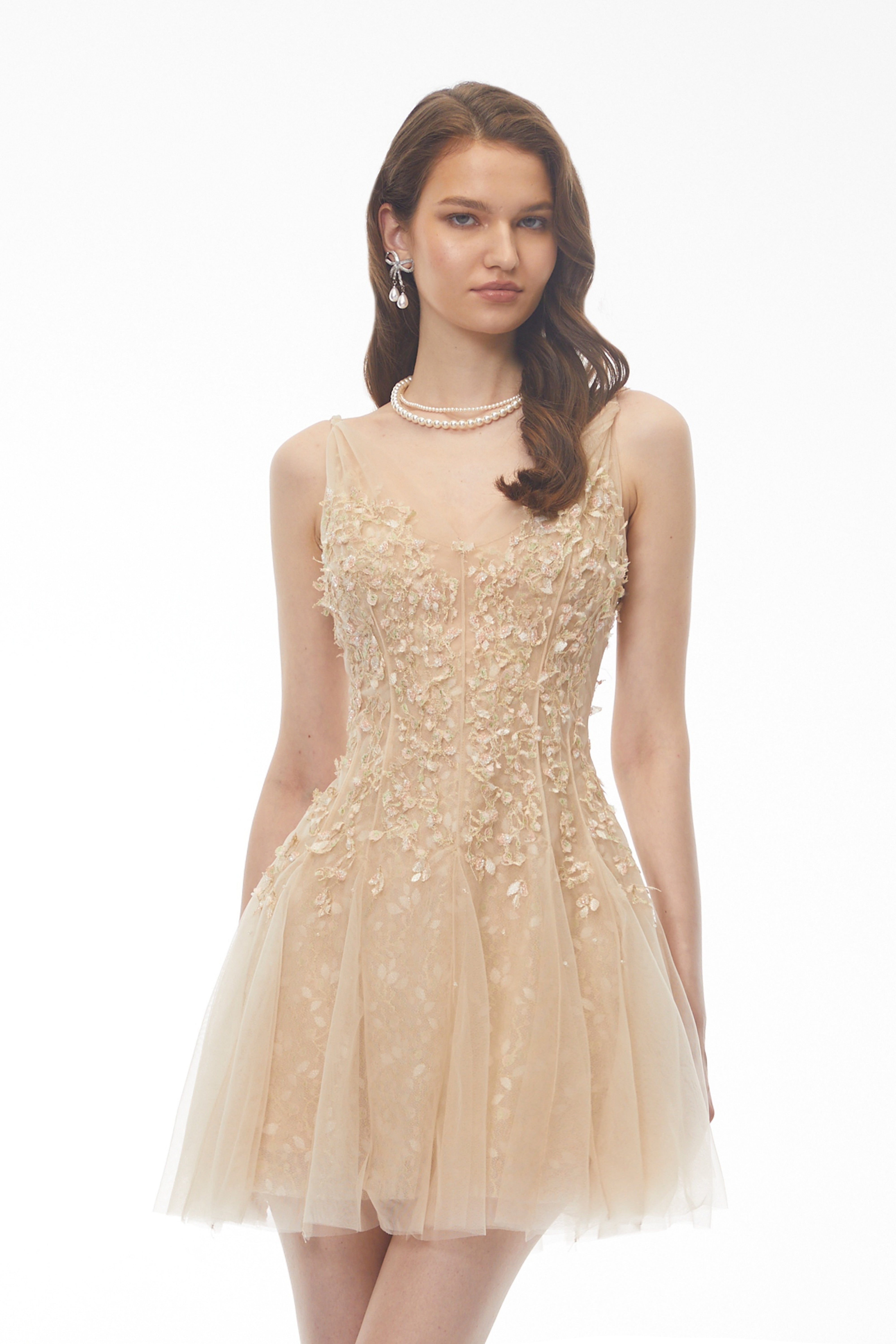 Neutral Mini Dress with 3D Petals