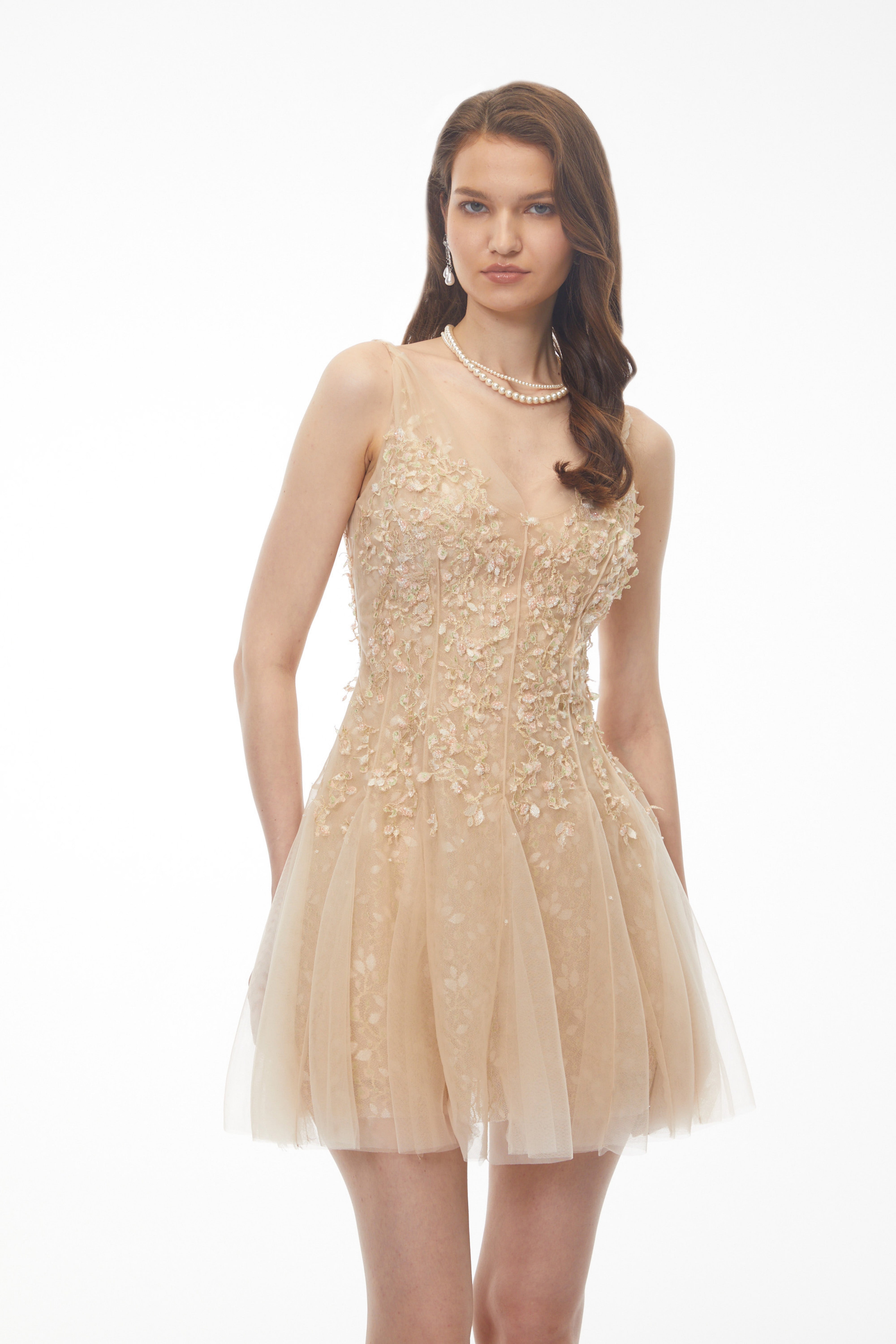 Neutral Mini Dress with 3D Petals