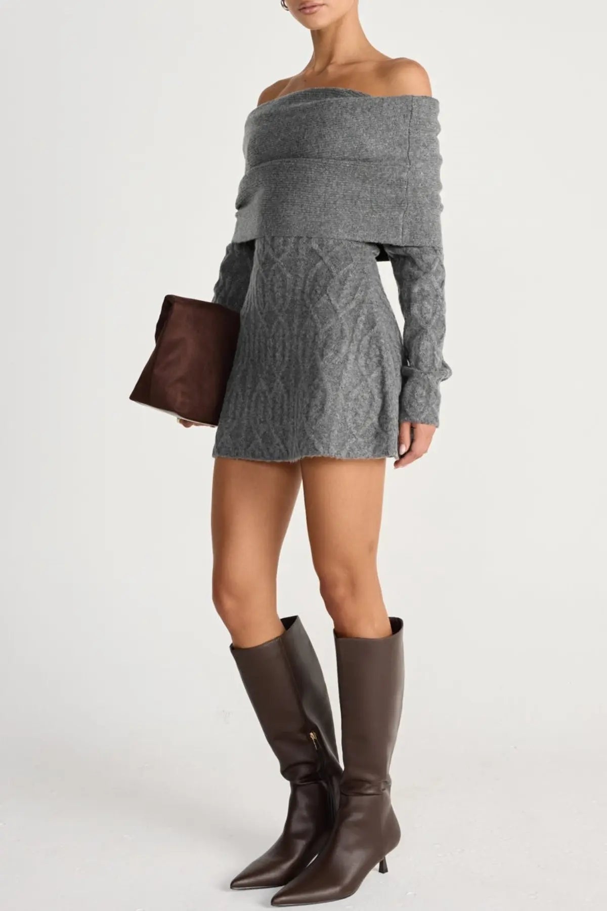 Off Shoulder Knit Mini Dress - Grey