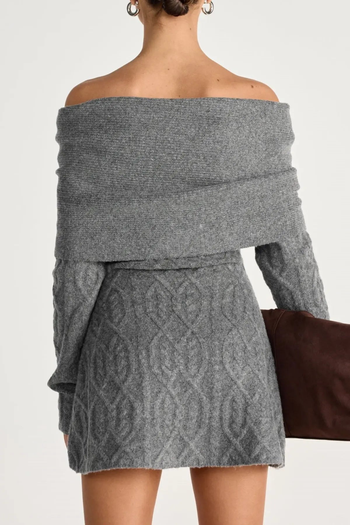 Off Shoulder Knit Mini Dress - Grey