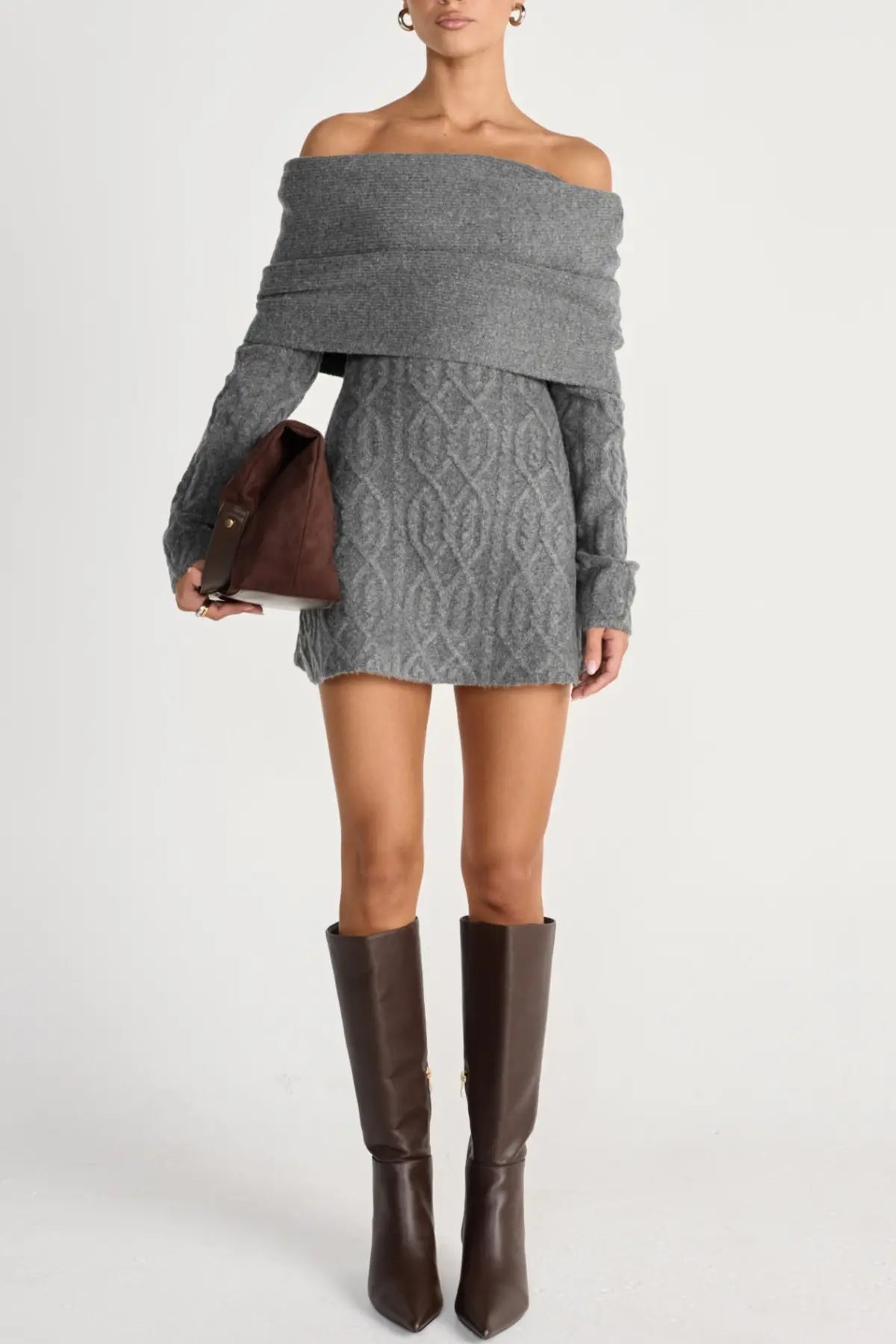 Off Shoulder Knit Mini Dress - Grey