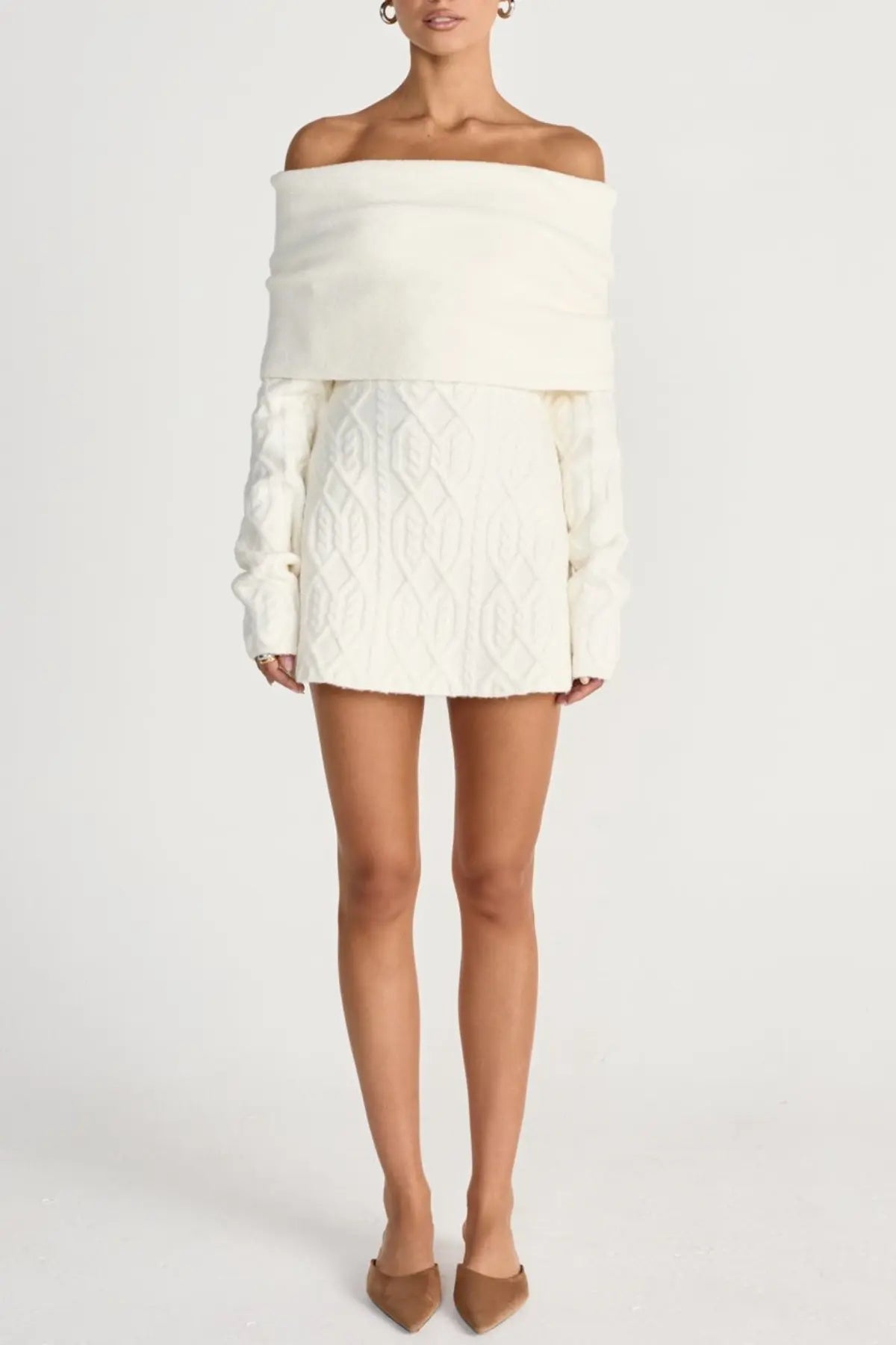 Off Shoulder Knit Mini Dress - White