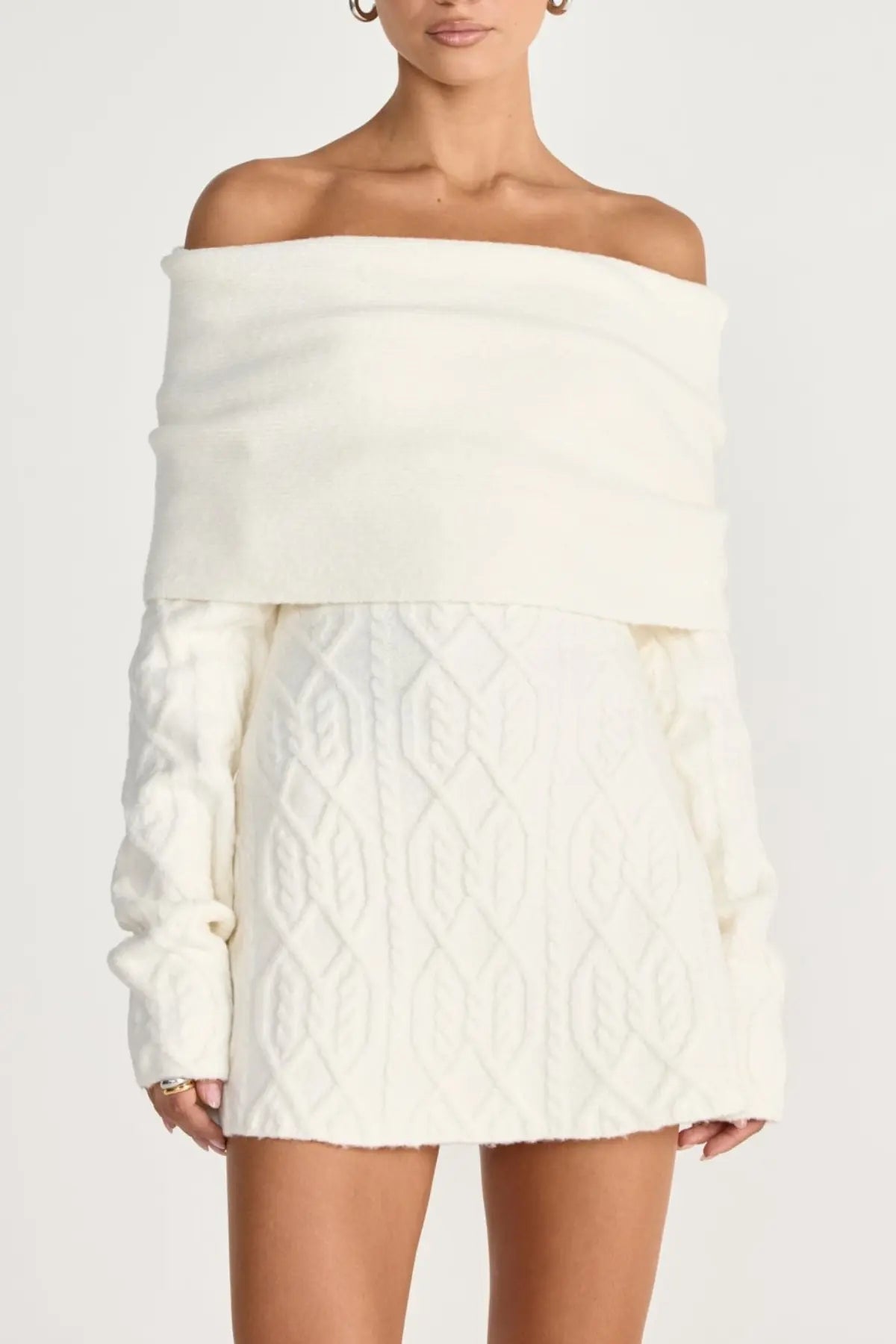Off Shoulder Knit Mini Dress - White