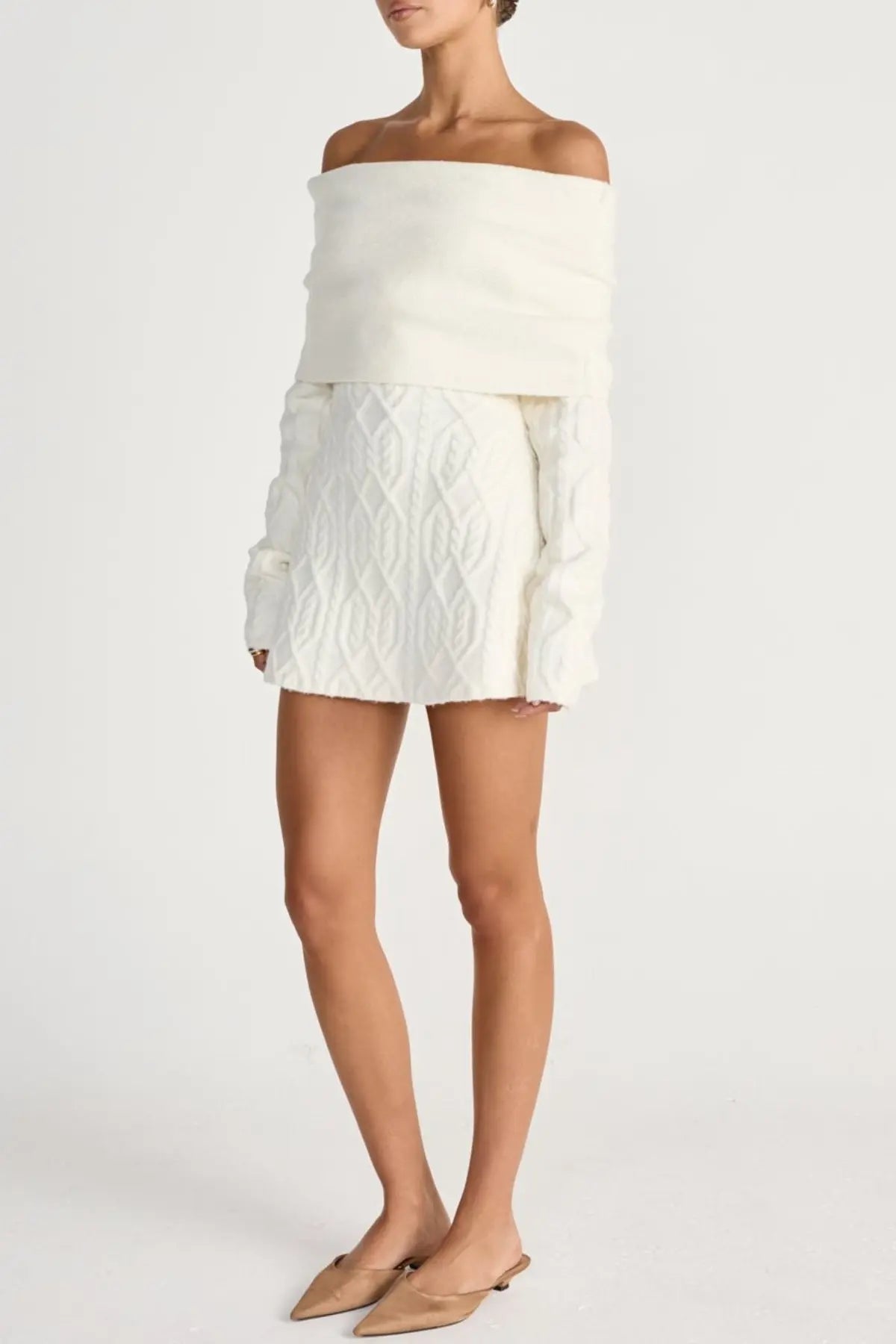 Off Shoulder Knit Mini Dress - White