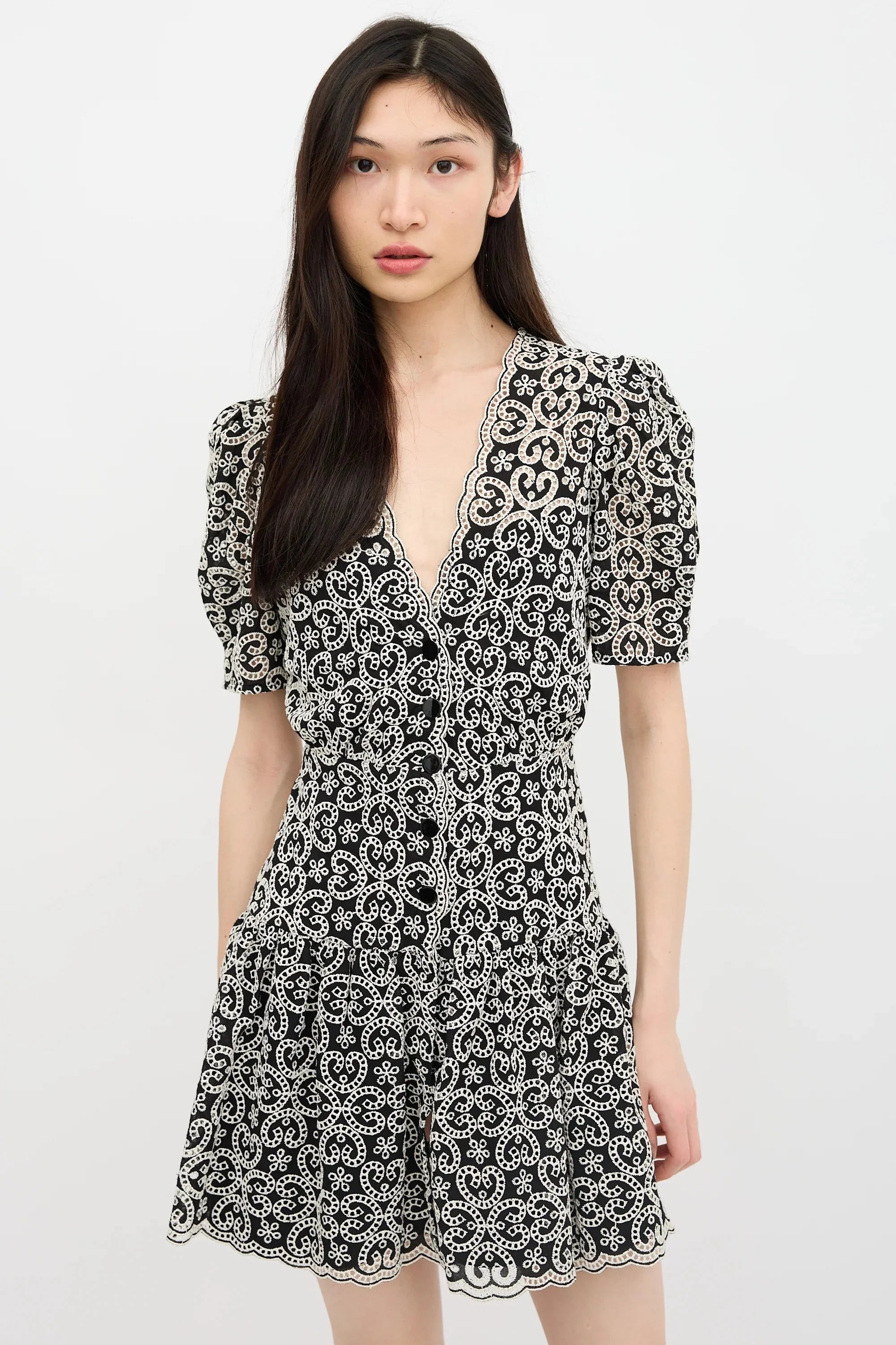 Black V-Neckline Guipure Mini Dress