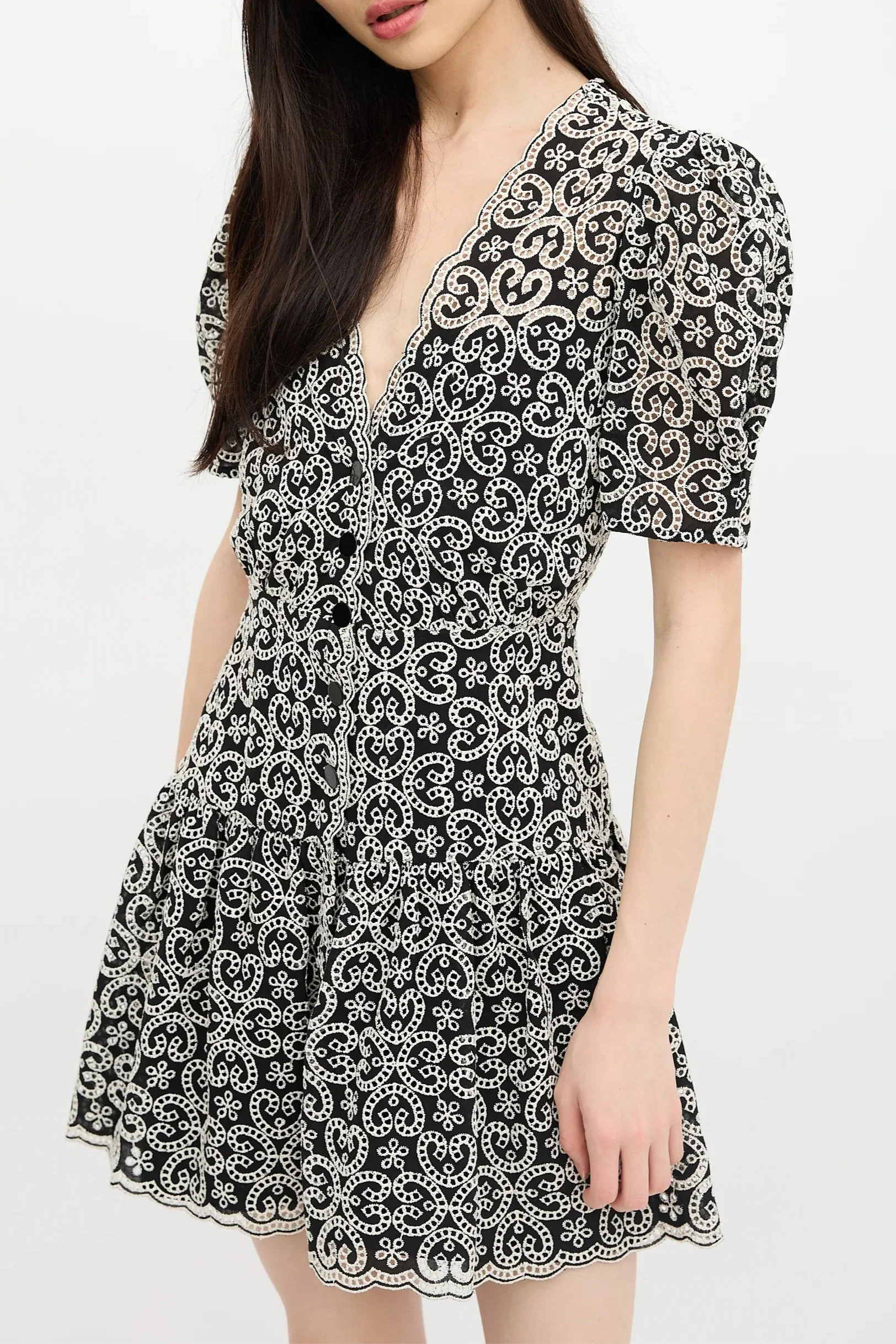 Black V-Neckline Guipure Mini Dress