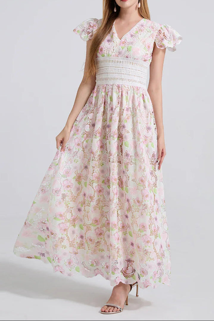 Sleeve High Waist Slim Fit Floral Lace Dress