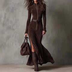 Belt Solid Long Sleeve Slim Fit Maxi Dress